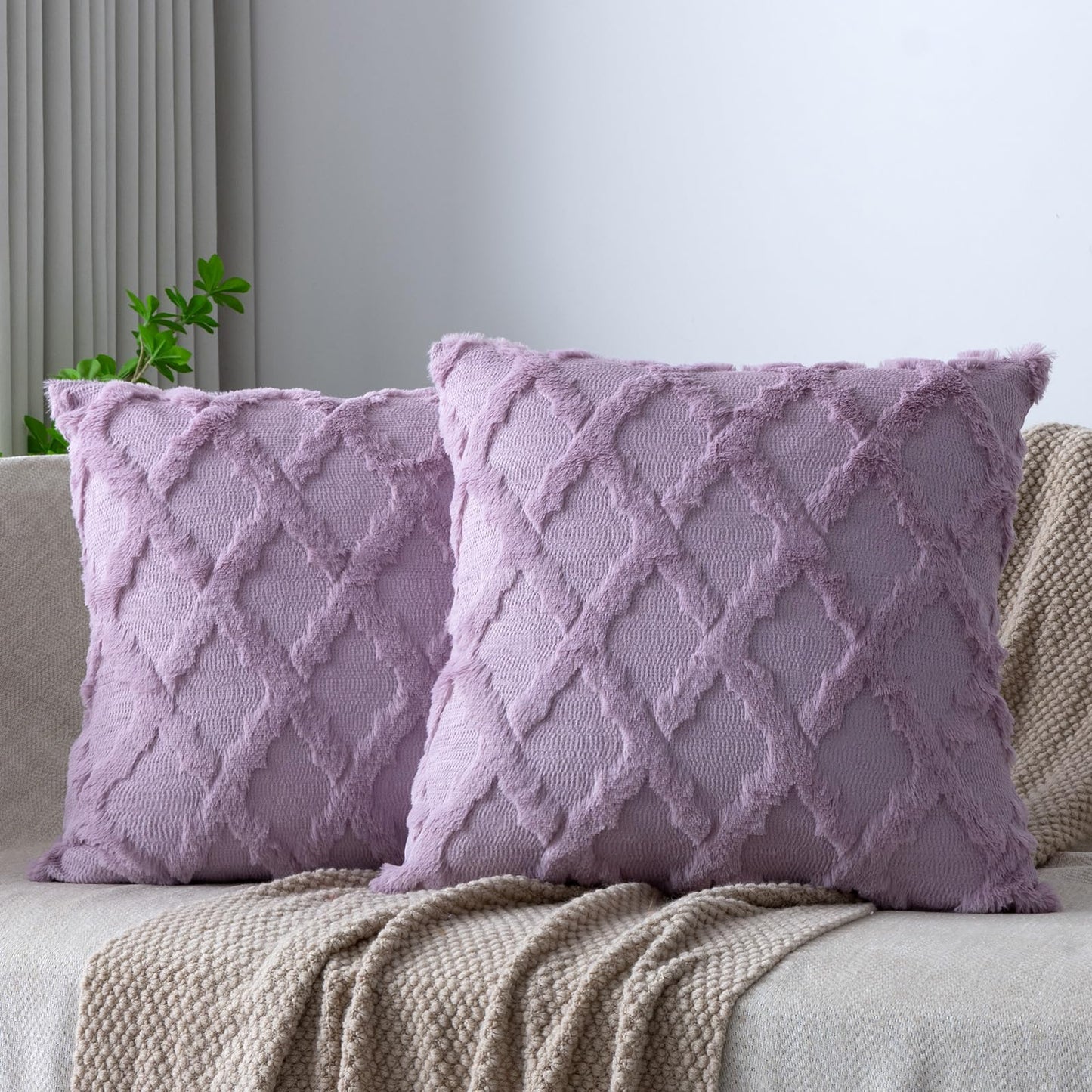 Set of 2 Soft Moroccan Throw Pillow Covers 18x18 Inch Plush Boho Decorative Pillow Cover Accent Cushion Case for Couch Sofa Bed, Beige