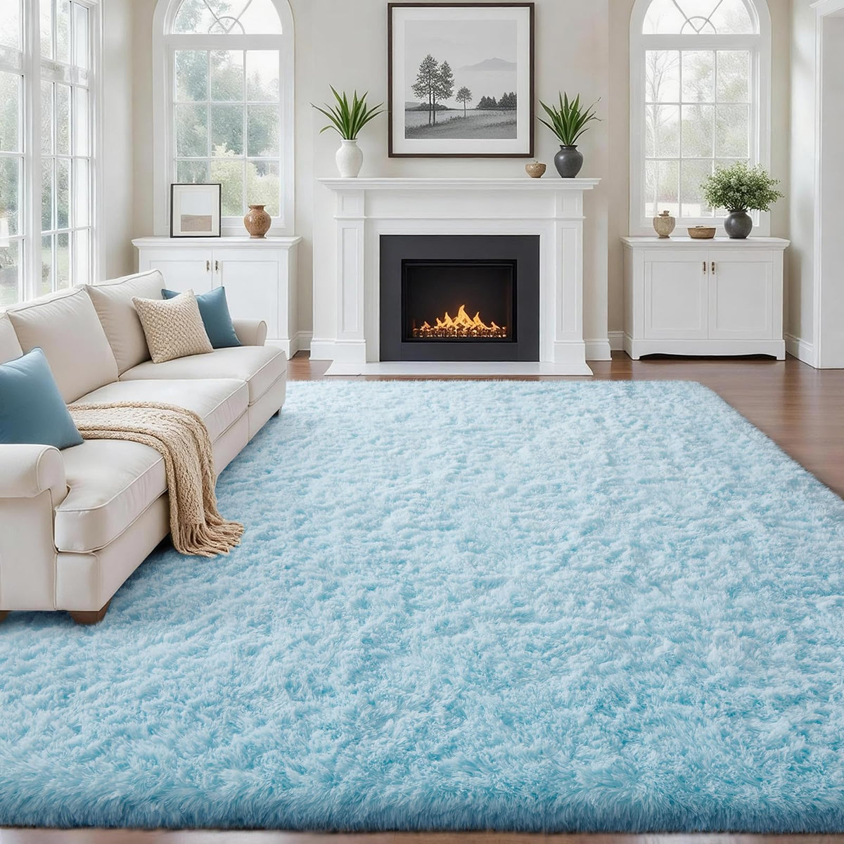 Ophanie 8x10 Area Rugs for Living Room, Washable Non-Slip Fluffy Soft Large Shag Bedroom Carpet, Ivory Big Indoor Nursery Rug, Carpets for Boy and Girls Room Dorm Decor with Over 99 pcs Pile fibers