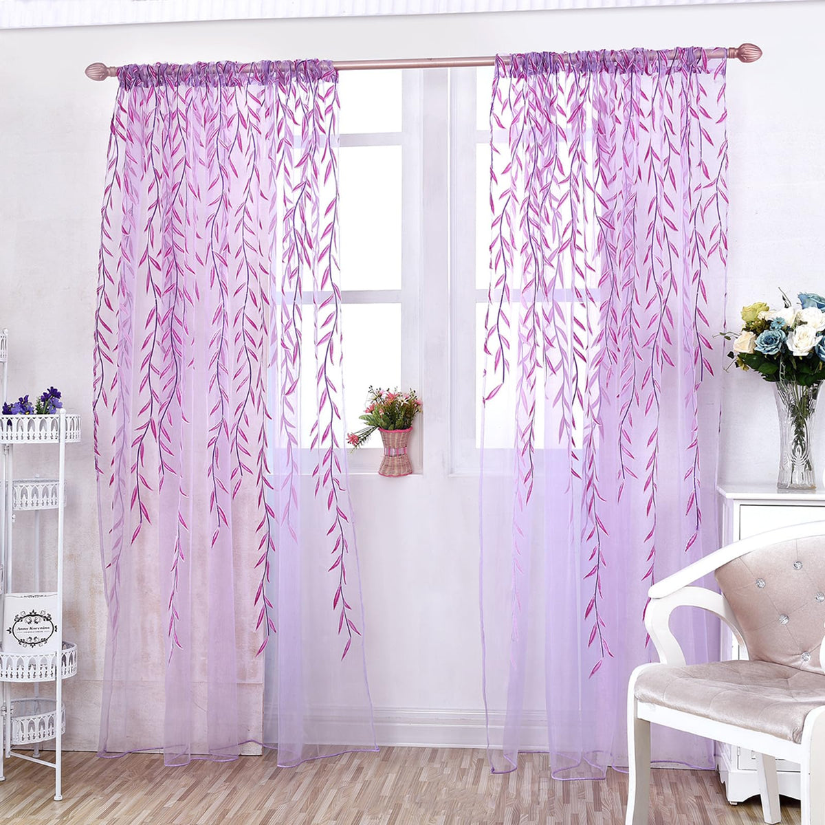 Ufurty 2pcs Willow Leaf Window Curtain Voile Tulle Vine Sheer Curtains | Room Salix Leaf Sheer Gauze Panel Drapes Green Color for Living Room, Bedroom, Balcony