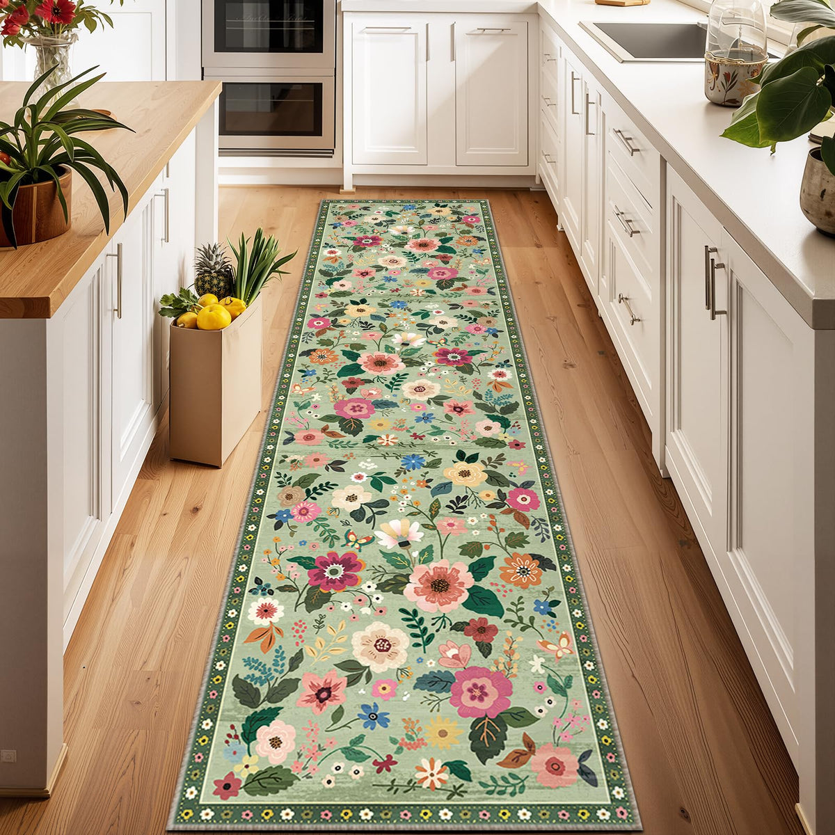 RELEANY Floral Washable 5x7 Area Rugs Beige/White/Orange | Flower Carpet, Print, Boho, Non-Slip, Easy to Clean, Soft, Low Pile for Living Room Bedroom Kitchen Office Entryway Hallway