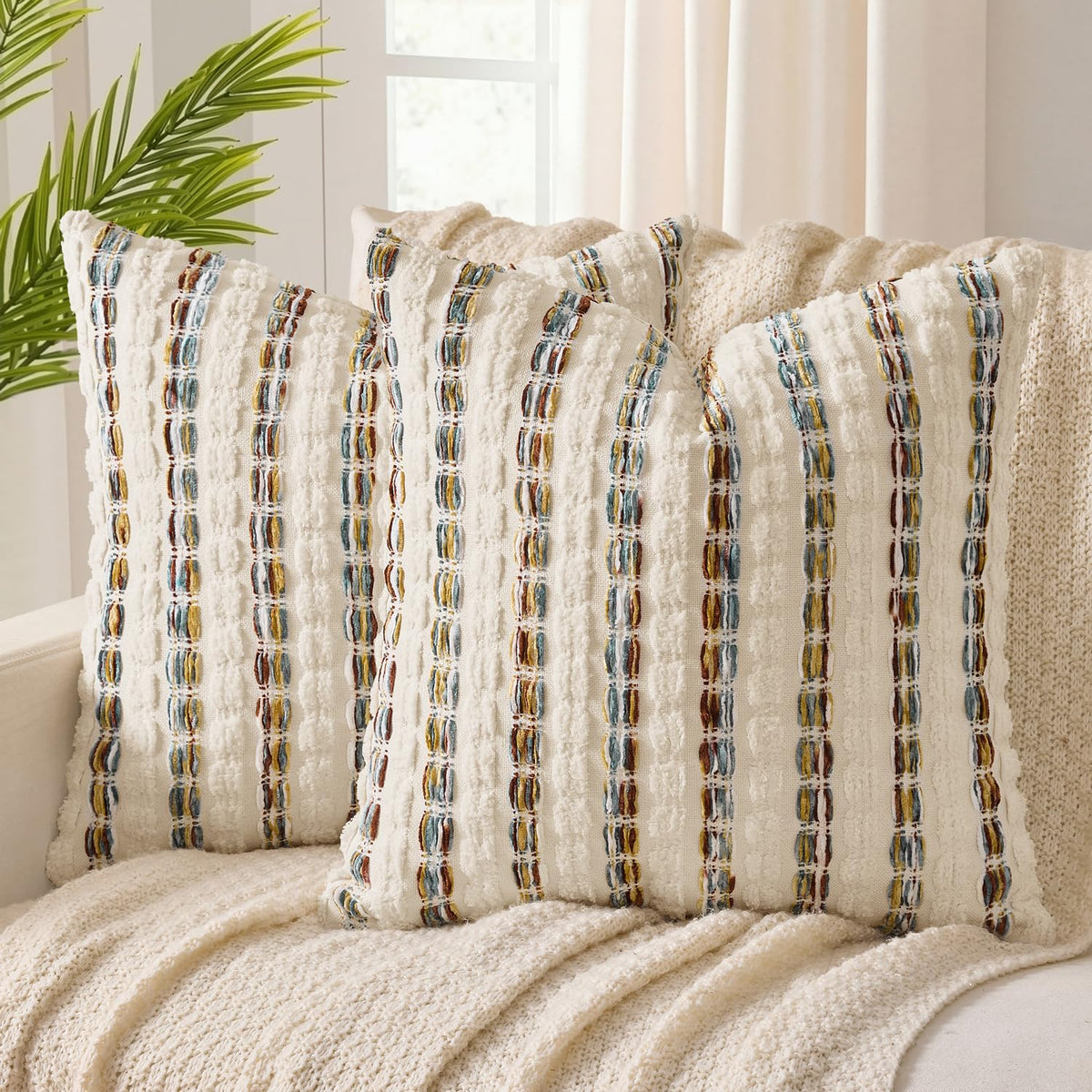 ANRODUO Boho Decorative Pillow Covers Olive Green Stripe 18x18 Pack of 2 | Throw Pillow Covers, Farmhouse Cushion Case, Chenille Pillow Cases, Pillow Covers, Accent Neutral Pillowcase for Couch Bed