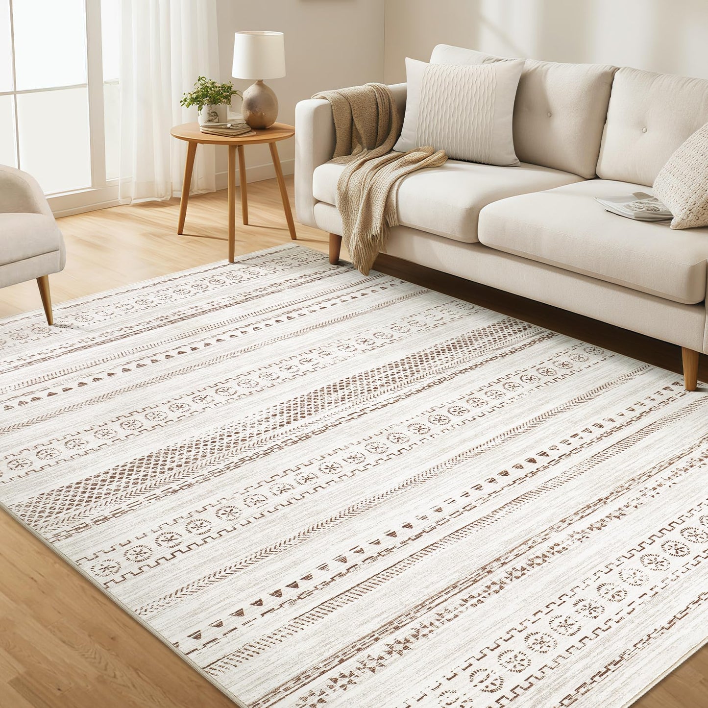 kakania 9x12 Washable Area Rug: Non Slip Soft Thin Carpet, Boho Geometric Modern Decor, Easy Clean Indoor Floor Large Rugs for Living Room Bedroom Kids Dorm Office Dining - Brown