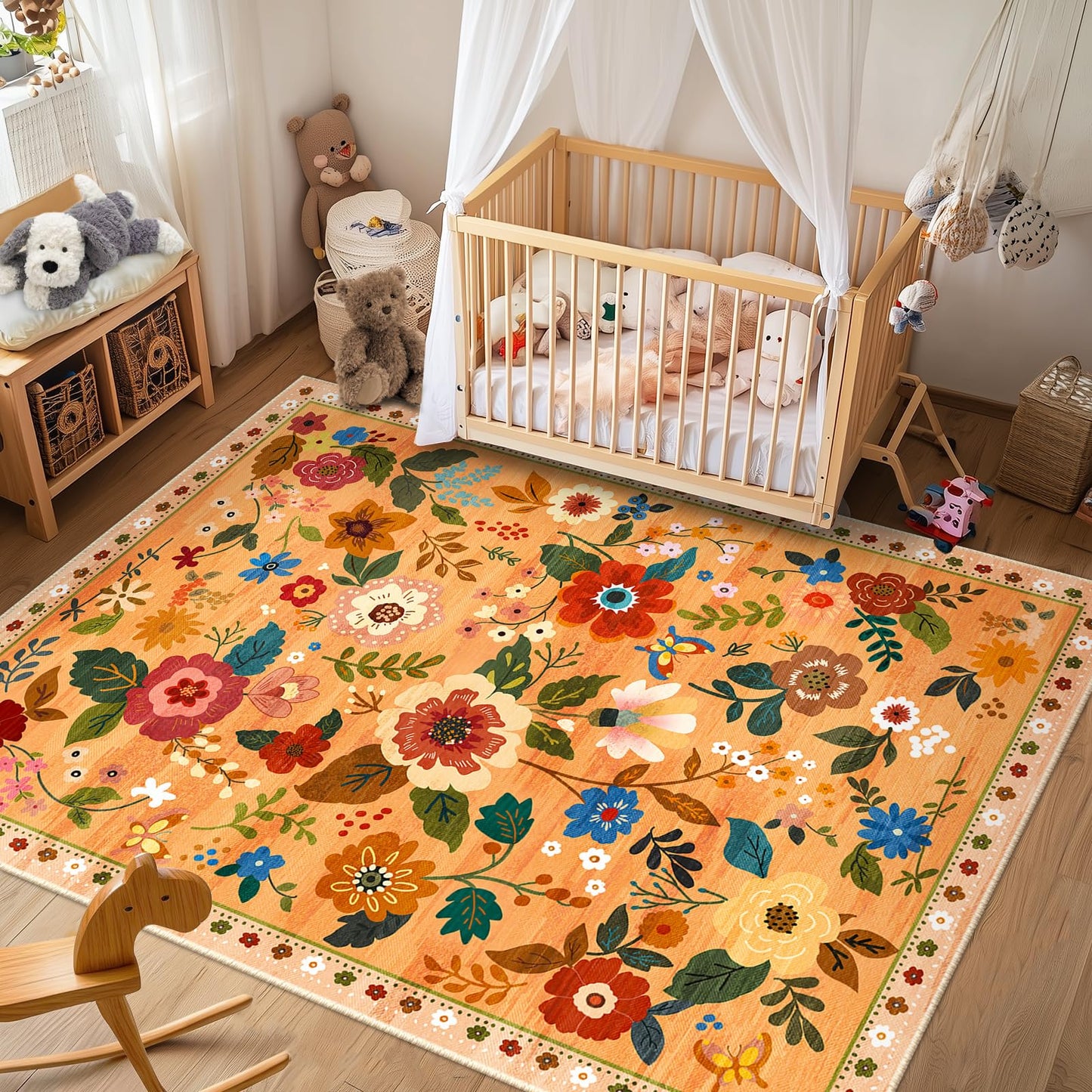 RELEANY Floral Washable 5x7 Area Rugs Black | Flower Carpet, Print, Boho, Non-Slip, Easy to Clean, Soft, Low Pile for Living Room Bedroom Kitchen Office Entryway Hallway
