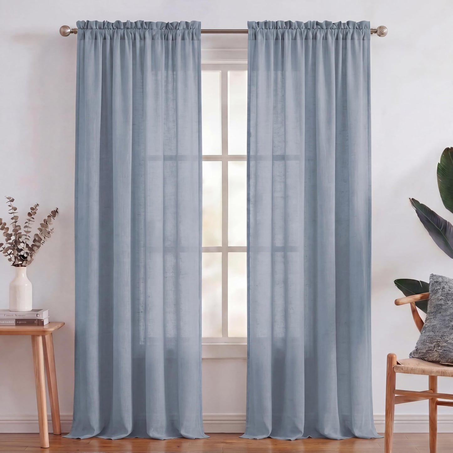 Turquoize White Linen Curtains 96 Inches Long Semi Sheer Curtains Light Filtering Linen Drapes for Living Room/Bedroom 2 Panels Set Rod Pocket Window Treatments Panels,W52 x L96, White