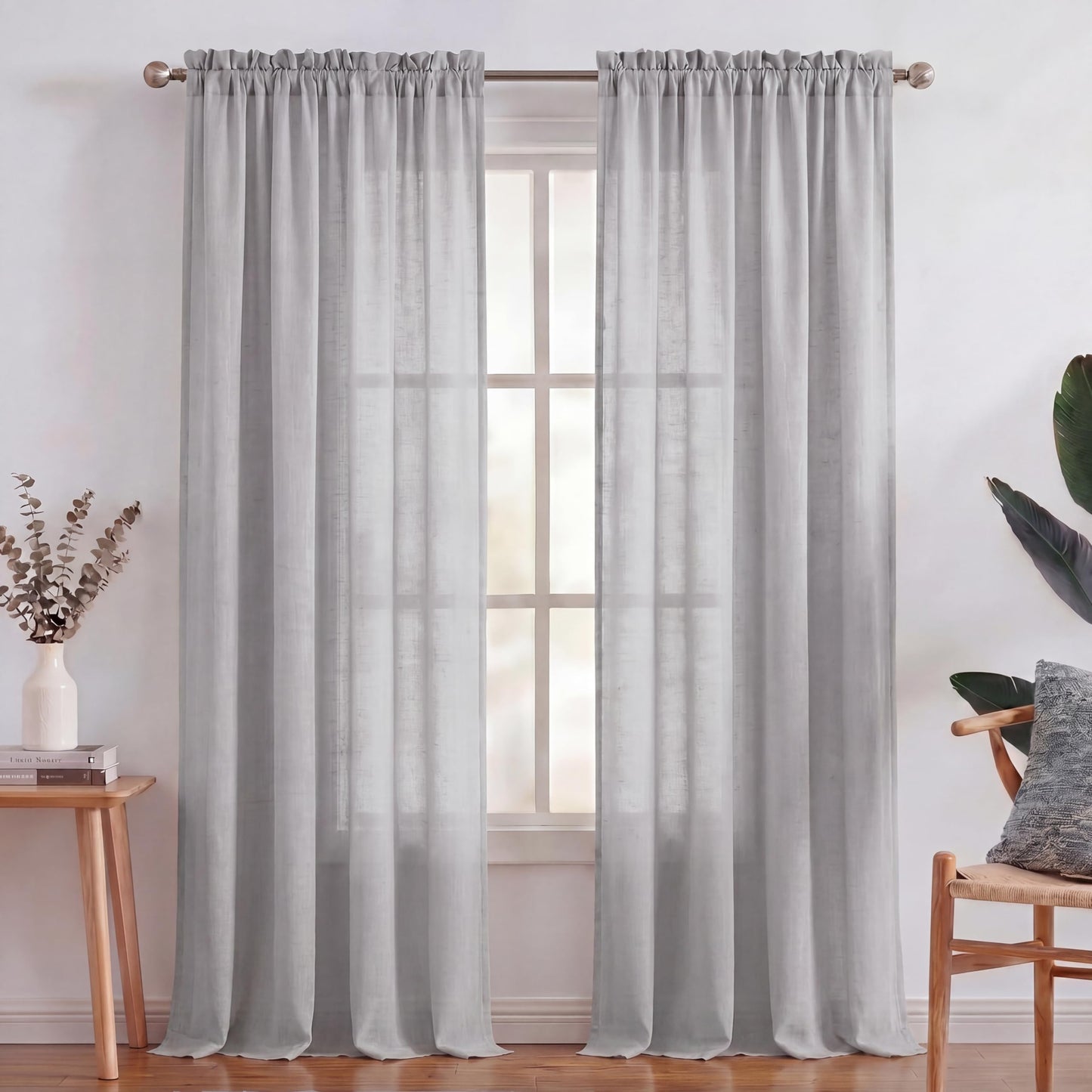 Turquoize White Linen Curtains 96 Inches Long Semi Sheer Curtains Light Filtering Linen Drapes for Living Room/Bedroom 2 Panels Set Rod Pocket Window Treatments Panels,W52 x L96, White