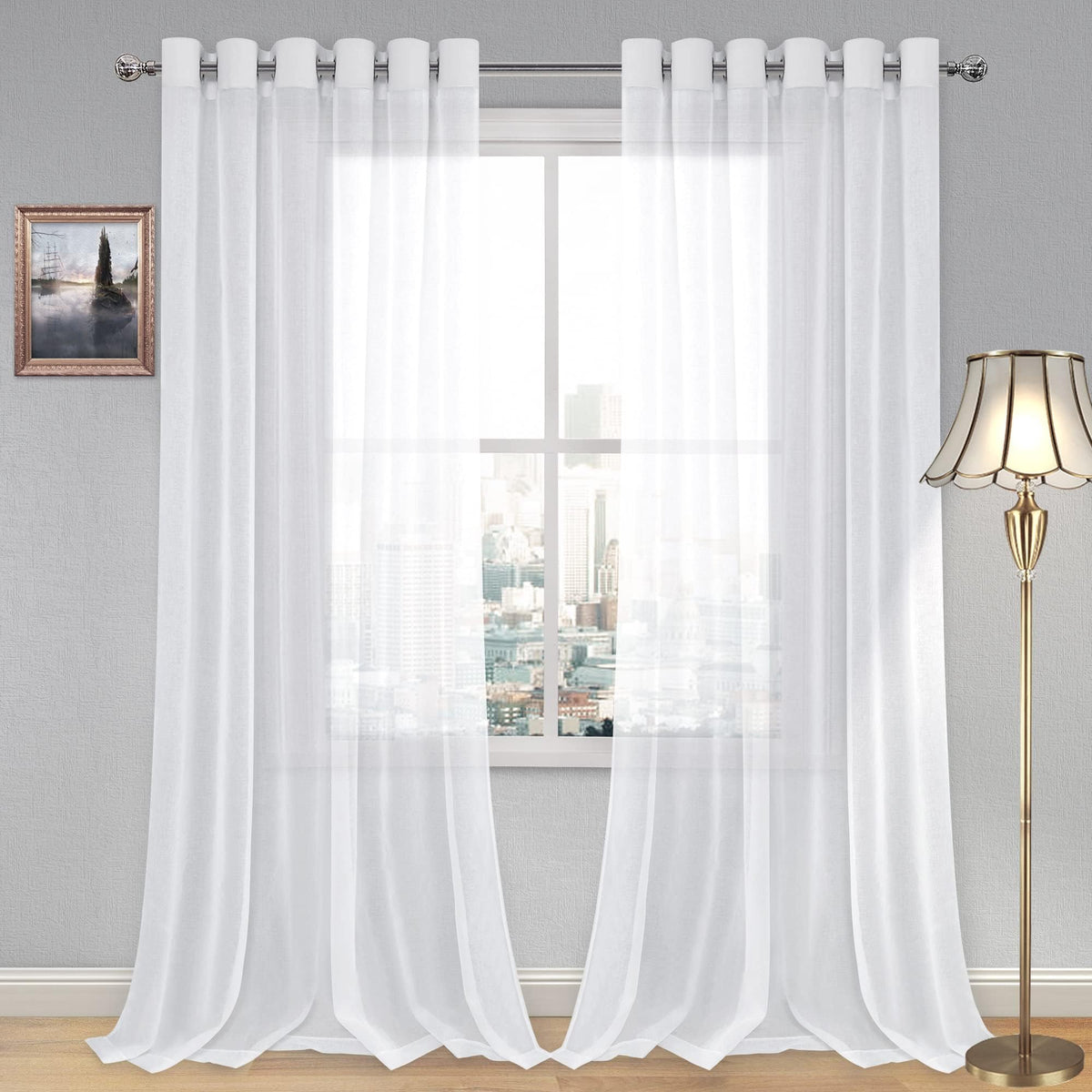 DWCN White Sheer Curtains Linen Look Semi Transparent Voile Grommet White Curtains for Living Dining Room Drapes 52 x 84 Inch Long, Set of 2 Panels