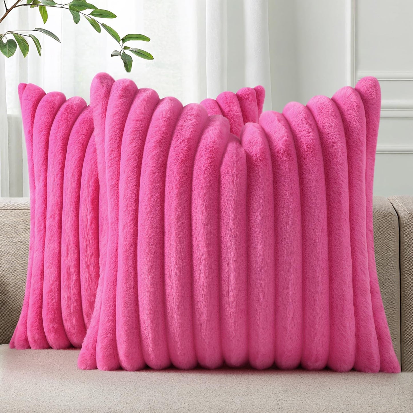 Pallene Faux Fur Decorative Throw Pillow Covers 18x18 Set of 2, Cream White | Luxury Plush Texture, Striped Design, Cozy Soft Touch, Modern Home Accent Decor for Couch, Sofa, Bed, Living Room