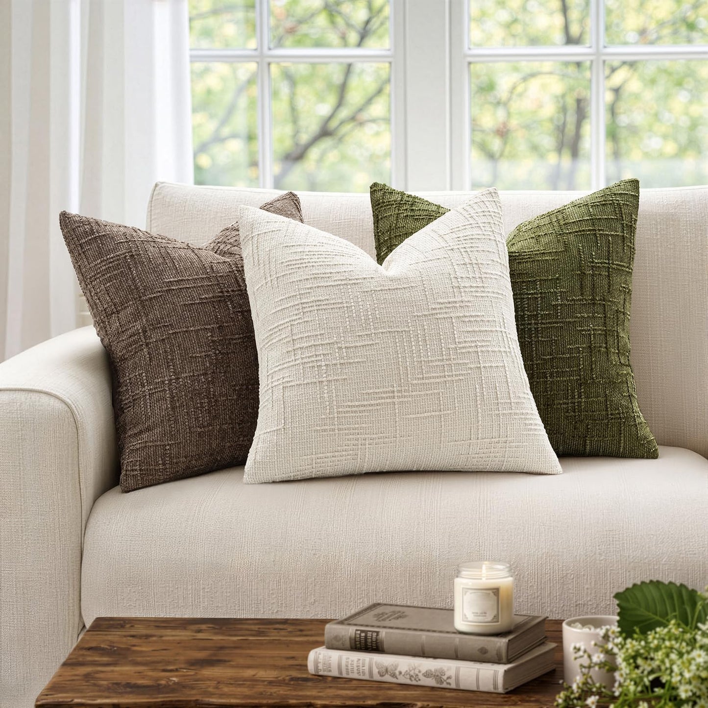 MIULEE Chenille Textured Throw Pillow Covers Cream White 18x18 Set of 2 | Slubby Decorative Pillows, Boho Farmhouse Home Decor, Modern Neutral Cushion Covers for Couch Sofa Bed Living Room