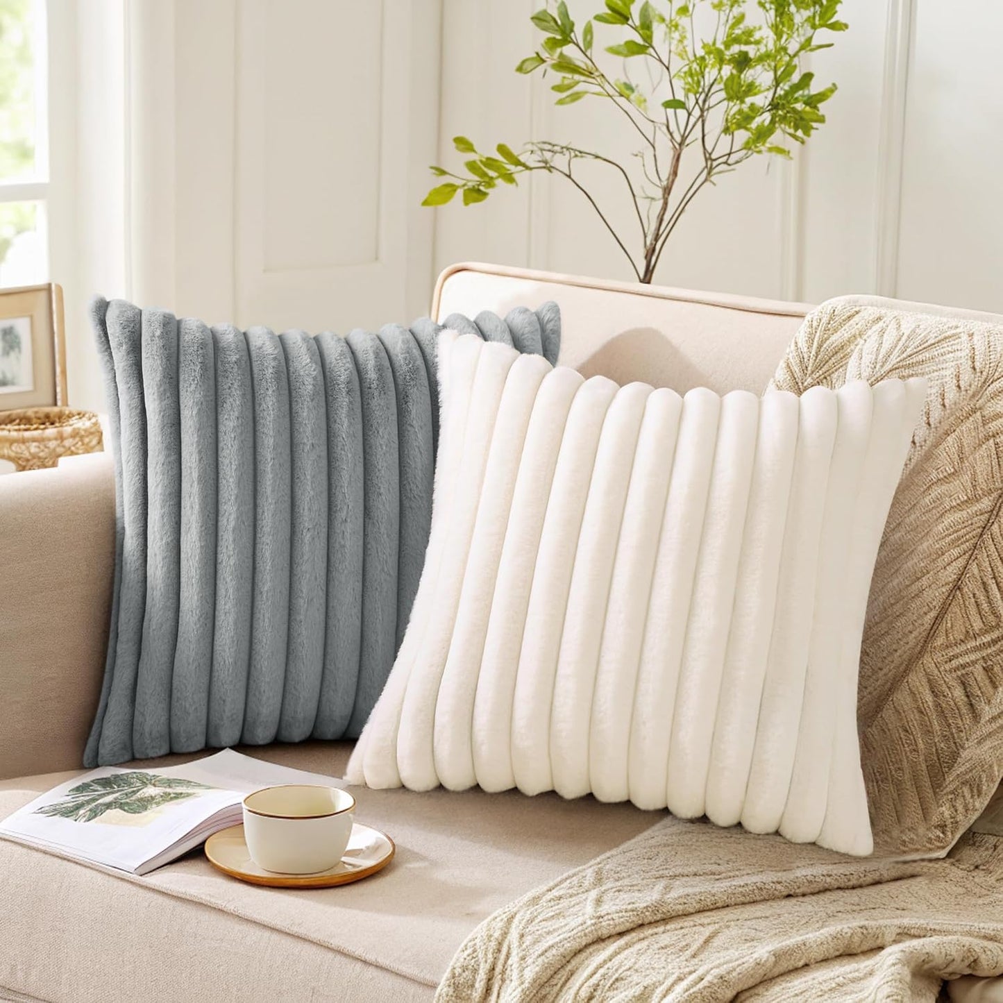 Pallene Faux Fur Decorative Throw Pillow Covers 18x18 Set of 2, Cream White | Luxury Plush Texture, Striped Design, Cozy Soft Touch, Modern Home Accent Decor for Couch, Sofa, Bed, Living Room