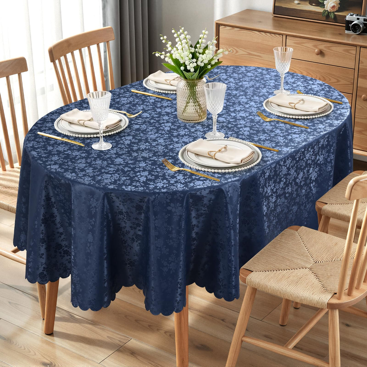Smiry Rectangle Waterproof Heavy Duty Vinyl Tablecloths, 60 x 84 Inch | Wipeable Washable Floral Embossed Table Cover for Kitchen and Dining Room, Indoor & Outdoor Use, Beige