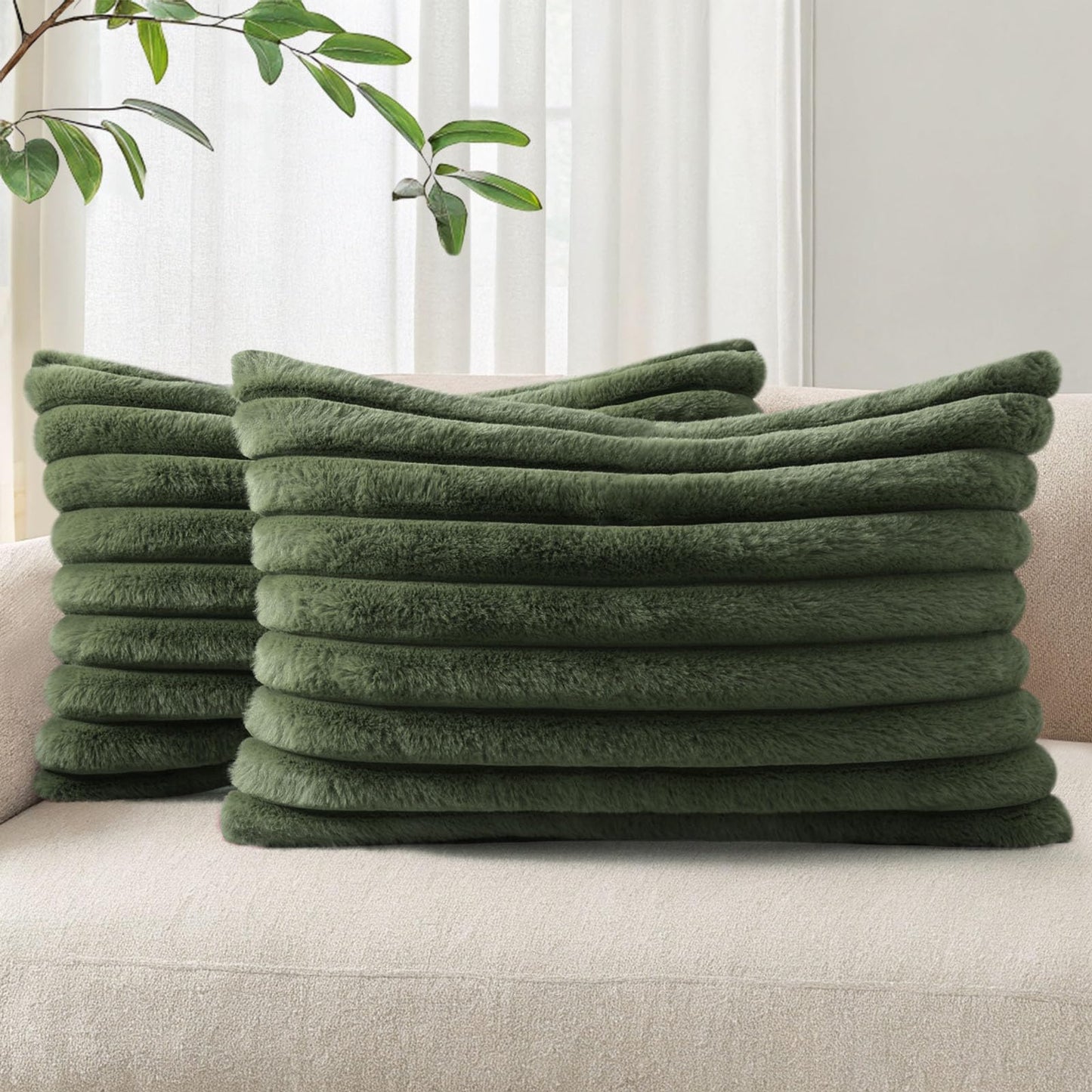 Pallene Faux Fur Decorative Throw Pillow Covers 18x18 Set of 2, Cream White | Luxury Plush Texture, Striped Design, Cozy Soft Touch, Modern Home Accent Decor for Couch, Sofa, Bed, Living Room