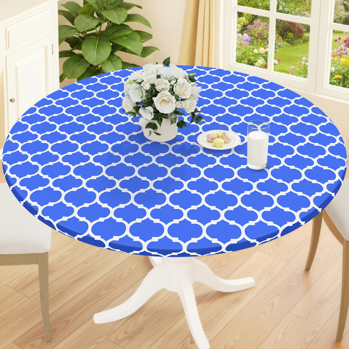 Smiry Round Picnic Tablecloth, Waterproof Elastic Fitted Table Covers for 45" - 56" Tables, Wipeable Flannel Backed Vinyl Tablecloths for Camping, Indoor, Outdoor, Grey & White