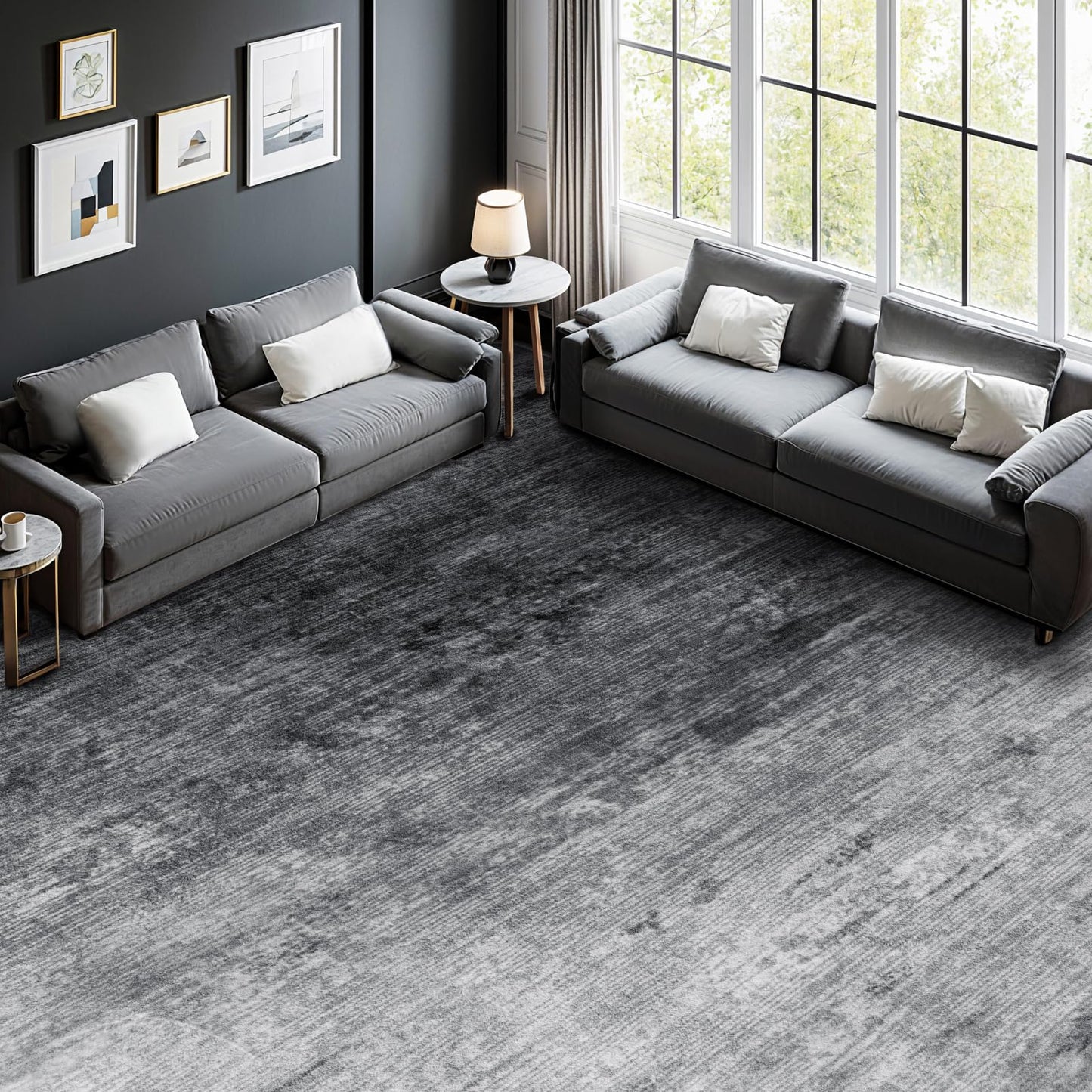 8x10 Washable Area Rug, Black Solid Area Rugs for Living Room & Bedroom | Stain-resistant & Non-slip backing,Low Pile Washable Large Carpet, Solid Vintage Style For High Traffic Areas(8x10,Black)