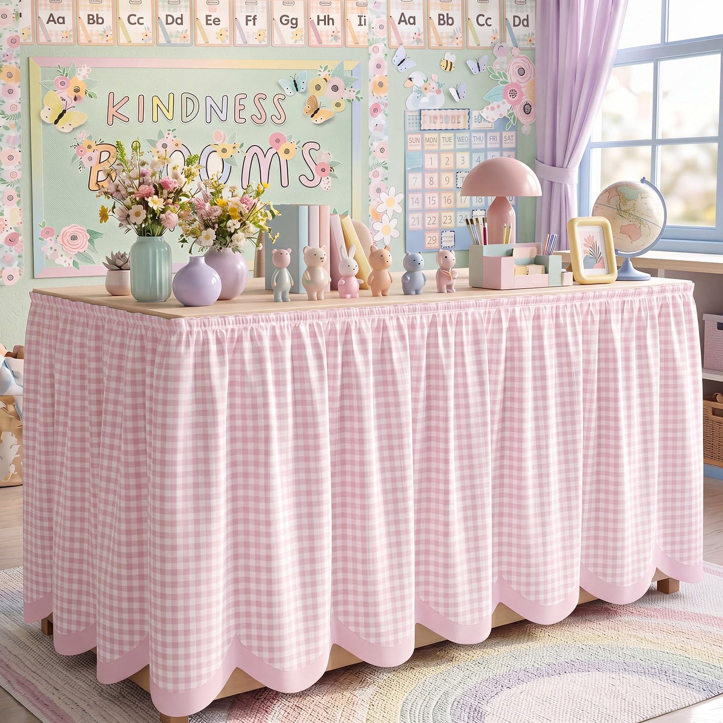 Teacher Desk Skirt 6 ft Pastel Checkered Classroom Decor | Ruffled Table Cover for Teacher Desk, Fits Kindergarten Office Decor, Back to School Classroom Supplies