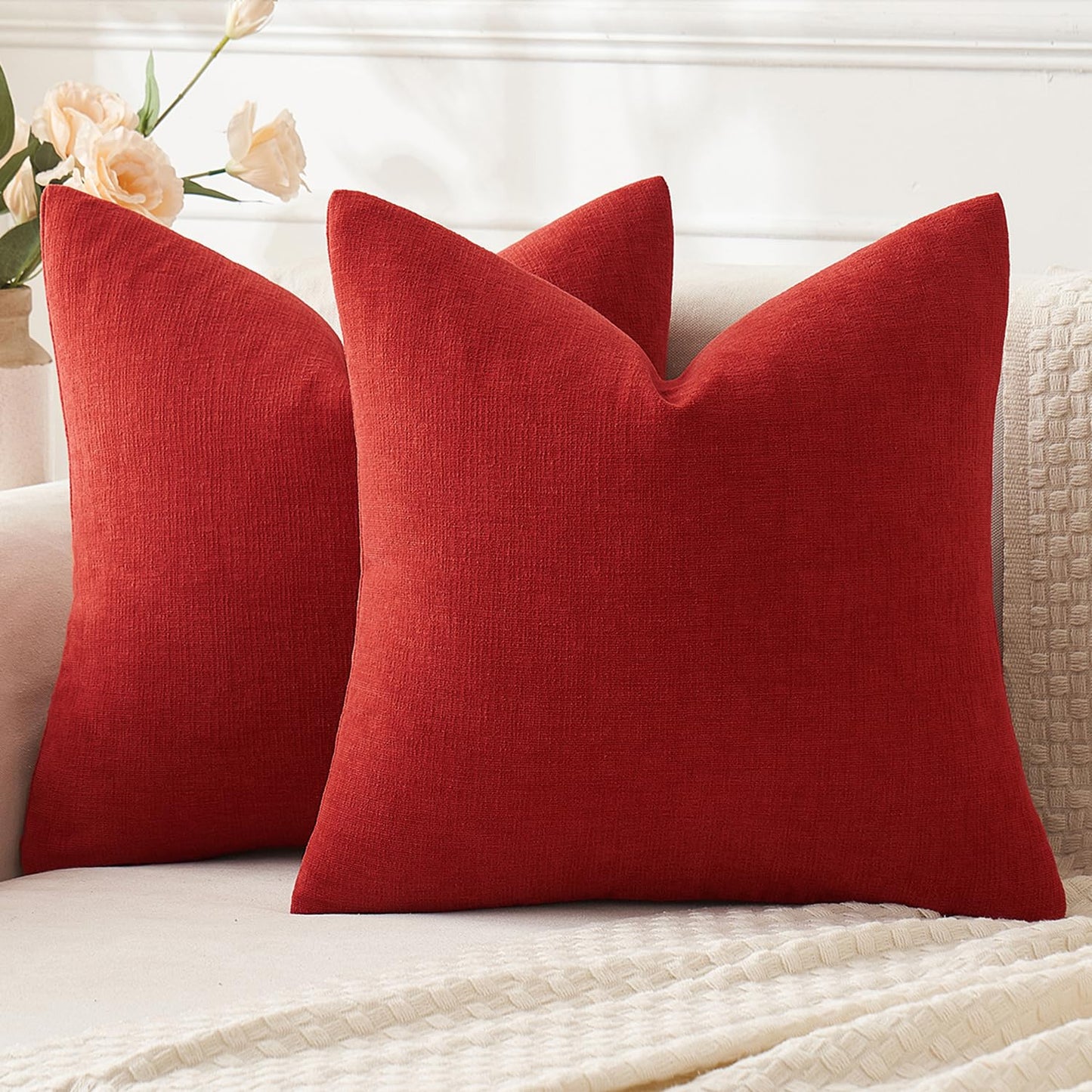 MIULEE Olive Green Chenille Couch Throw Pillow Covers, 18x18 | Set of 2, Soft Modern Farmhouse Style, Decorative Pillowcases for Sofa Living Room Bed, Home Decor