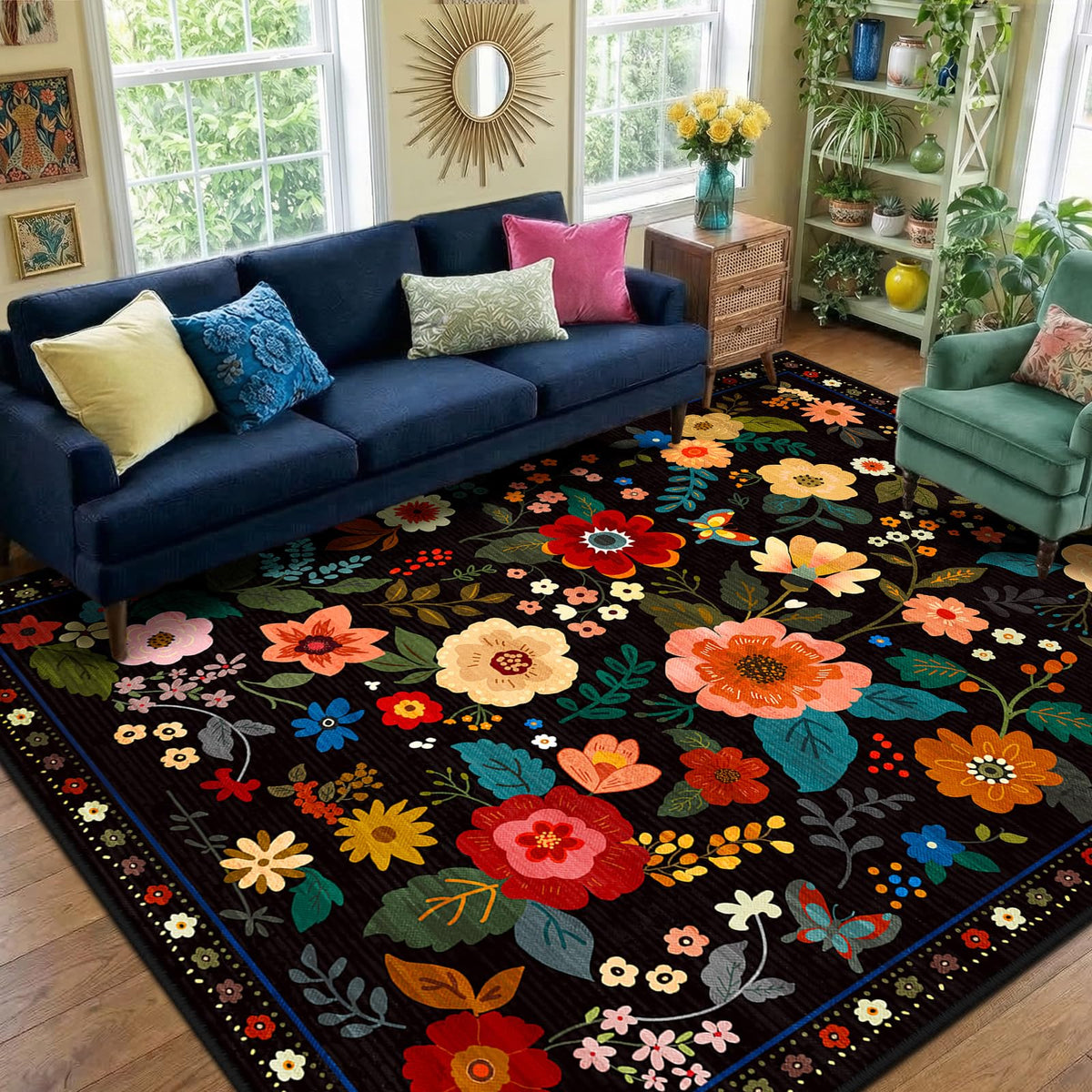RELEANY Floral Washable 5x7 Area Rugs Beige/White/Orange | Flower Carpet, Print, Boho, Non-Slip, Easy to Clean, Soft, Low Pile for Living Room Bedroom Kitchen Office Entryway Hallway