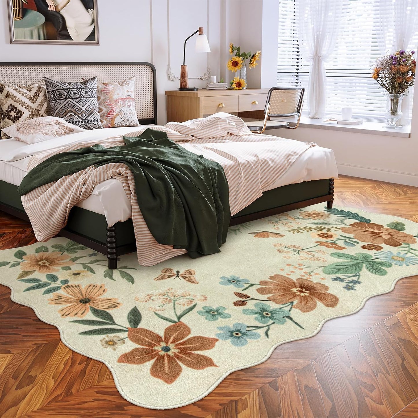 Lahome Floral Washable Living Room Rug, 5x7 Area Rugs for Bedroom Soft | Dining Room Rug Ultra-Thin Non Slip Stain Resistant Boho Low-Pile Throw Carpet for Office Flore (5x7ft, Beige)