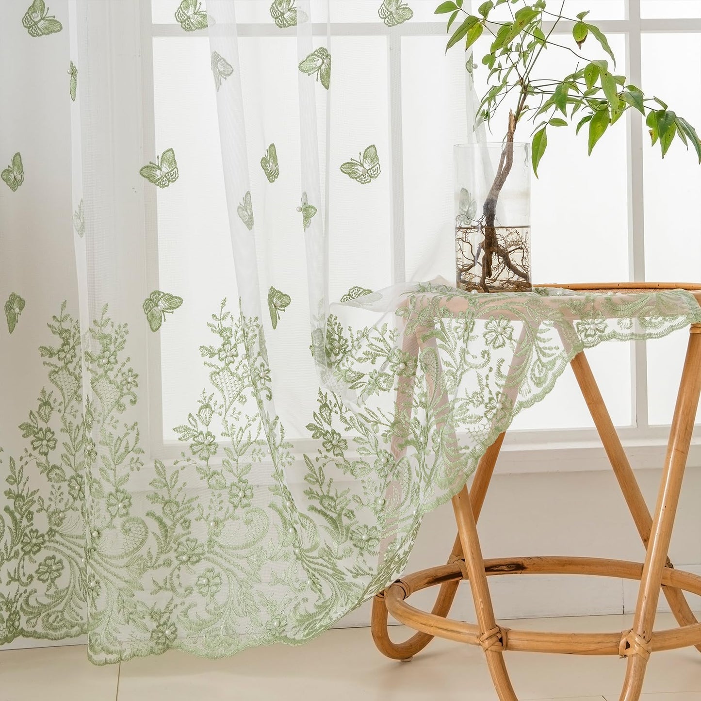 Sheer Curtains Boho Leaf Floral Embroidered Cream Beige 54Wx84L | Light Filtering Semi Sheer Voile Curtains With Design, Rod Pocket Window Drapes for Bedroom Living Room 2 Panels