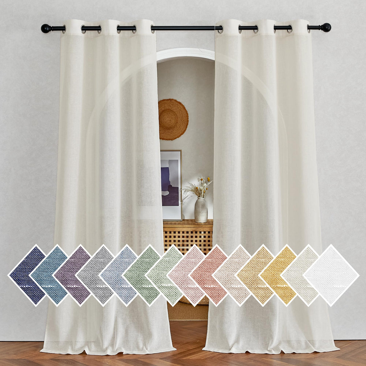 NICETOWN White Sheer Linen Curtains for Living Room 84 inch Length 2 Panels Set, Grommet Semi Sheer Privacy with Light Filtering Flax Window Treatments for Bedroom, W52 x L84