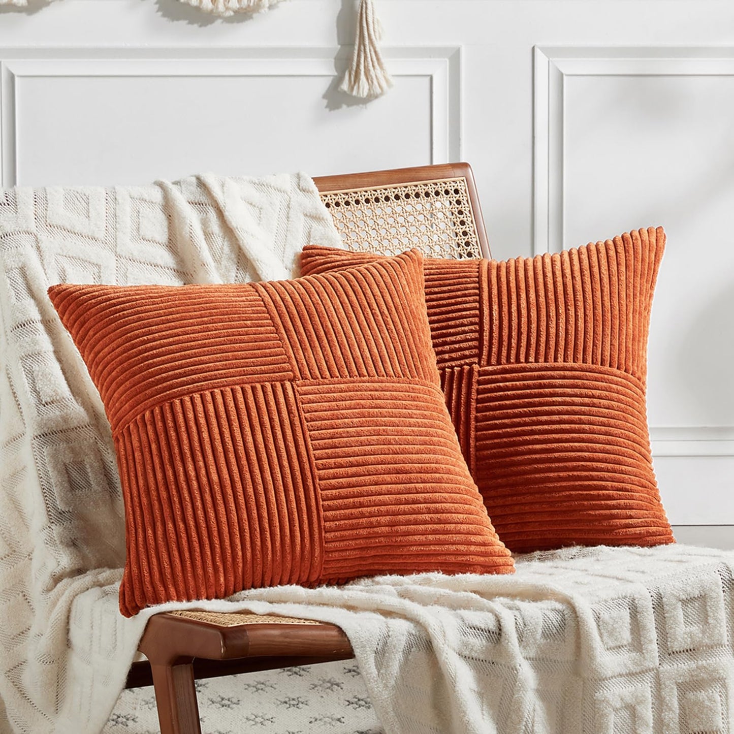 Fancy Homi 2 Packs Rust Boho Decorative Throw Pillow Covers 18x18 Inch for Couch Bed Sofa, Farmhouse Fall Home Decor, Soft Corss Corduroy Patchwork Textured Terracotta Accent Cushion Case 45x45 cm