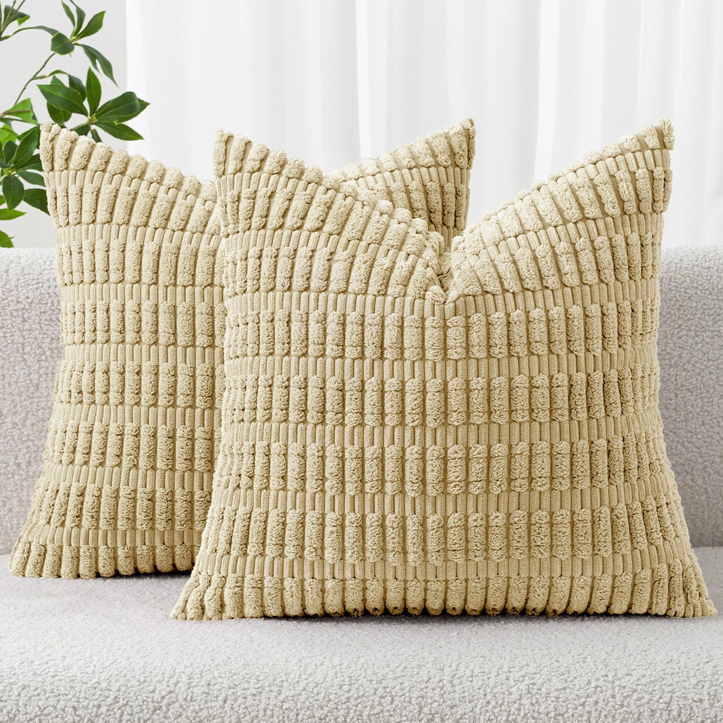 MIULEE Corduroy Decorative Throw Pillow Covers 18x18 Cream White Pack of 2 | Soft Boho Striped Pillow Covers Modern Farmhouse Home Decor For Sofa Living Room Couch Bed