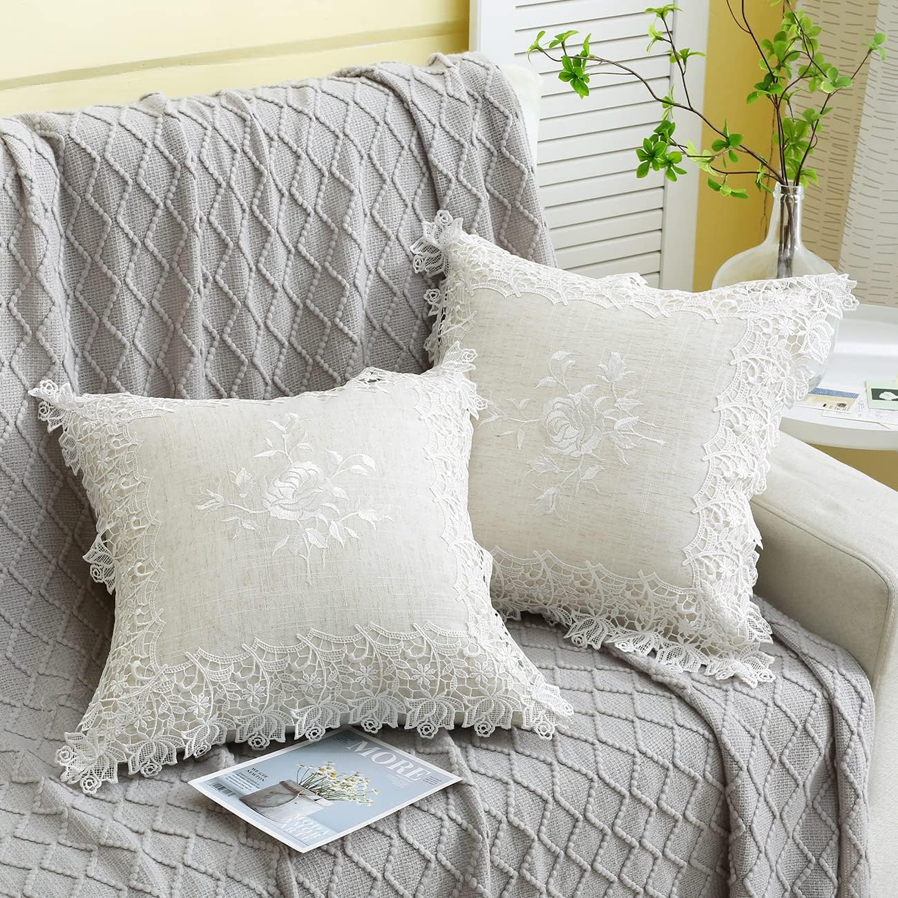 2 Pack Embroidered Spring Floral Throw Pillow Cover 18x18 inches, Farmhouse Off White Rose Lace Linen Blended Pillow Shams, Decorative (White Rose, Linen Blended)