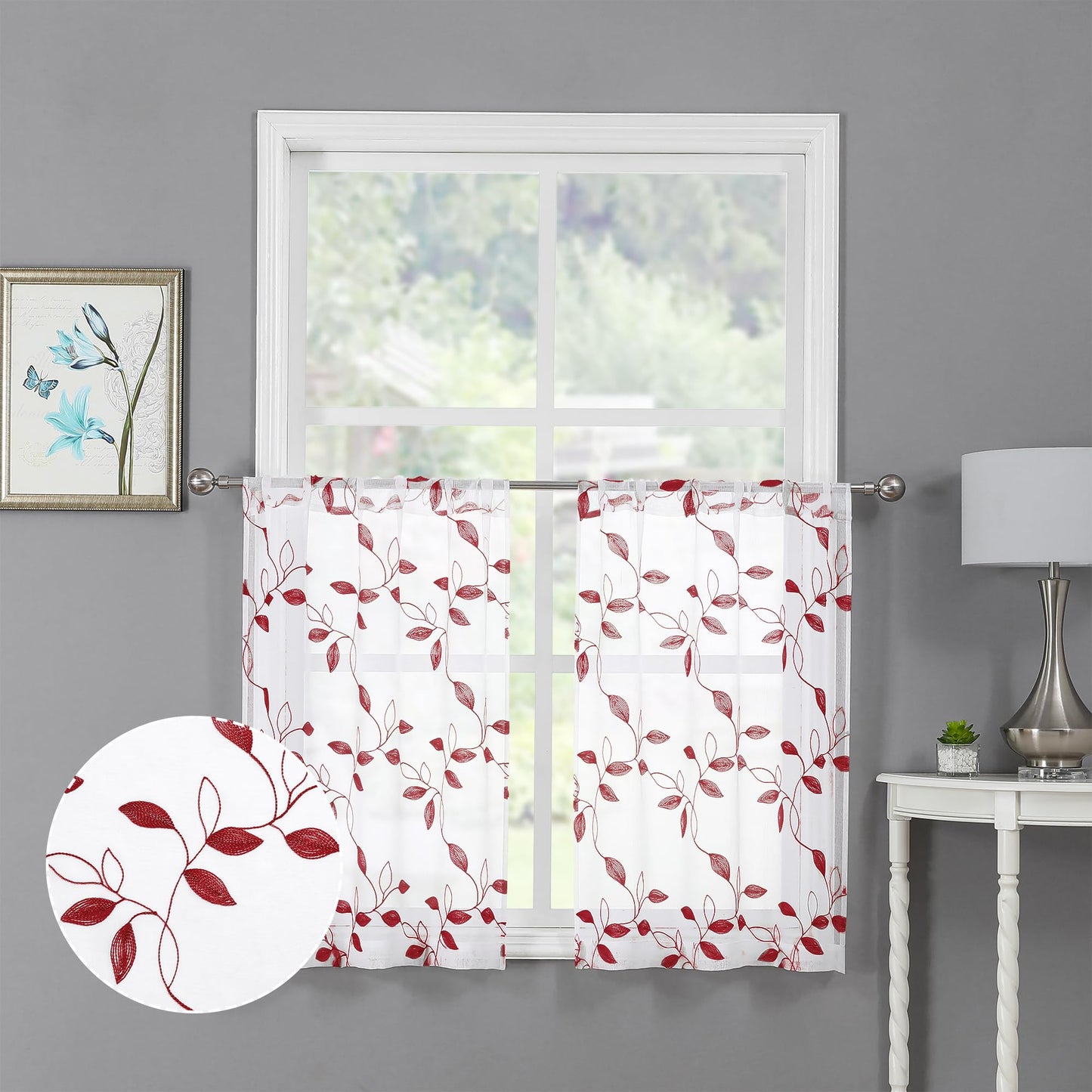 Tollpiz White Leaf Sheer Curtains Bedroom 54 x 84 Inches | Leaves Embroidered Curtain Rod Pocket Voile Window Treatment for Living Room, Set of 2 Panels