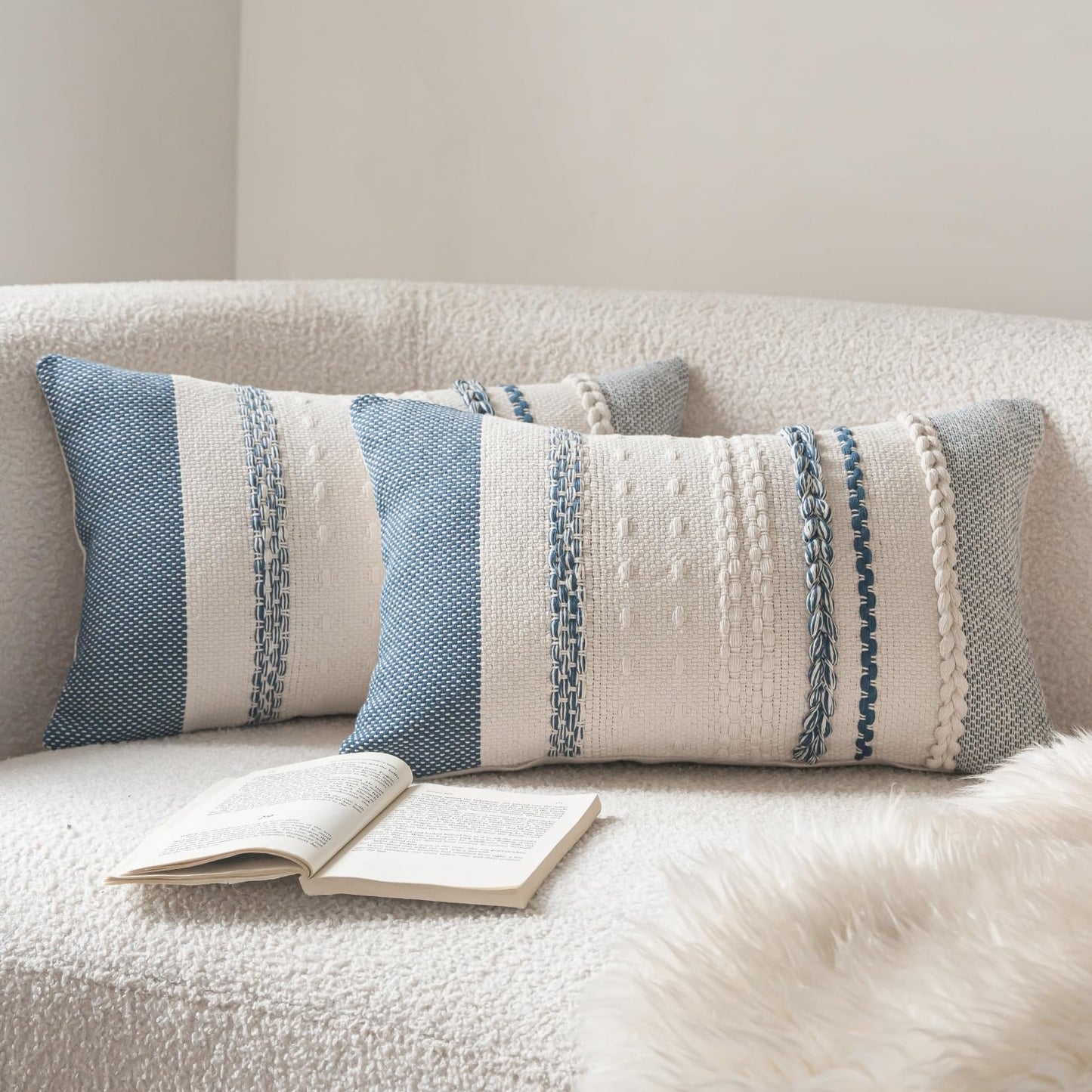 Cethom Boho Throw Pillow Covers 18x18 Inch Set of 2, Blue Textured Decorative Couch Pillow Cases for Farmhouse Home Decor, Accent Cushion Cover for Sofa, Bed, Living Room, Bedroom
