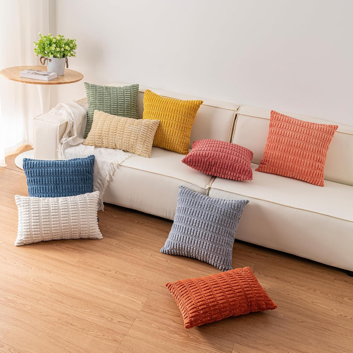 Pack of 2 Corduroy Decorative Throw Pillow Covers 18x18 Inch, Cream White | Fall Soft Striped Pillow Covers Modern Farmhouse Home Decor Christmas Throw Pillow Covers for Sofa Living Room Couch Bed ﻿