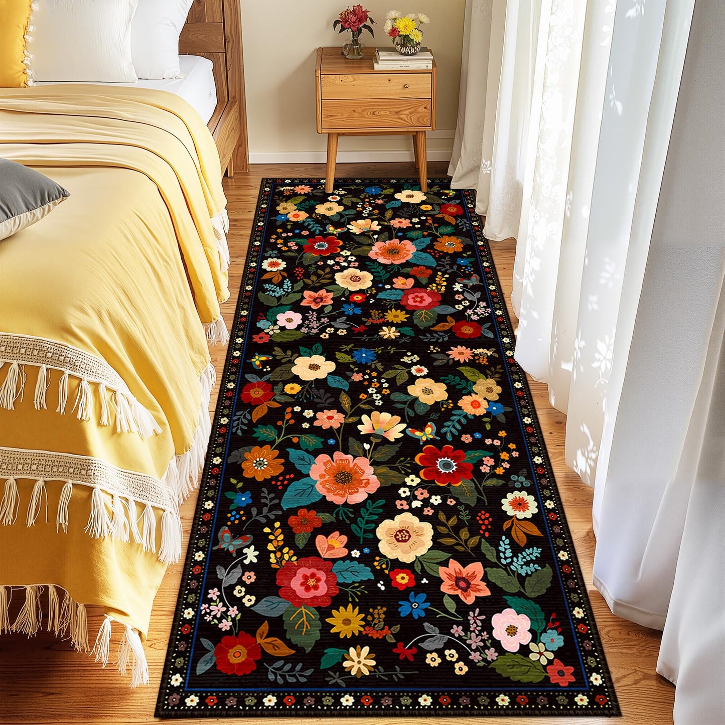 RELEANY Floral Washable 5x7 Area Rugs Black | Flower Carpet, Print, Boho, Non-Slip, Easy to Clean, Soft, Low Pile for Living Room Bedroom Kitchen Office Entryway Hallway