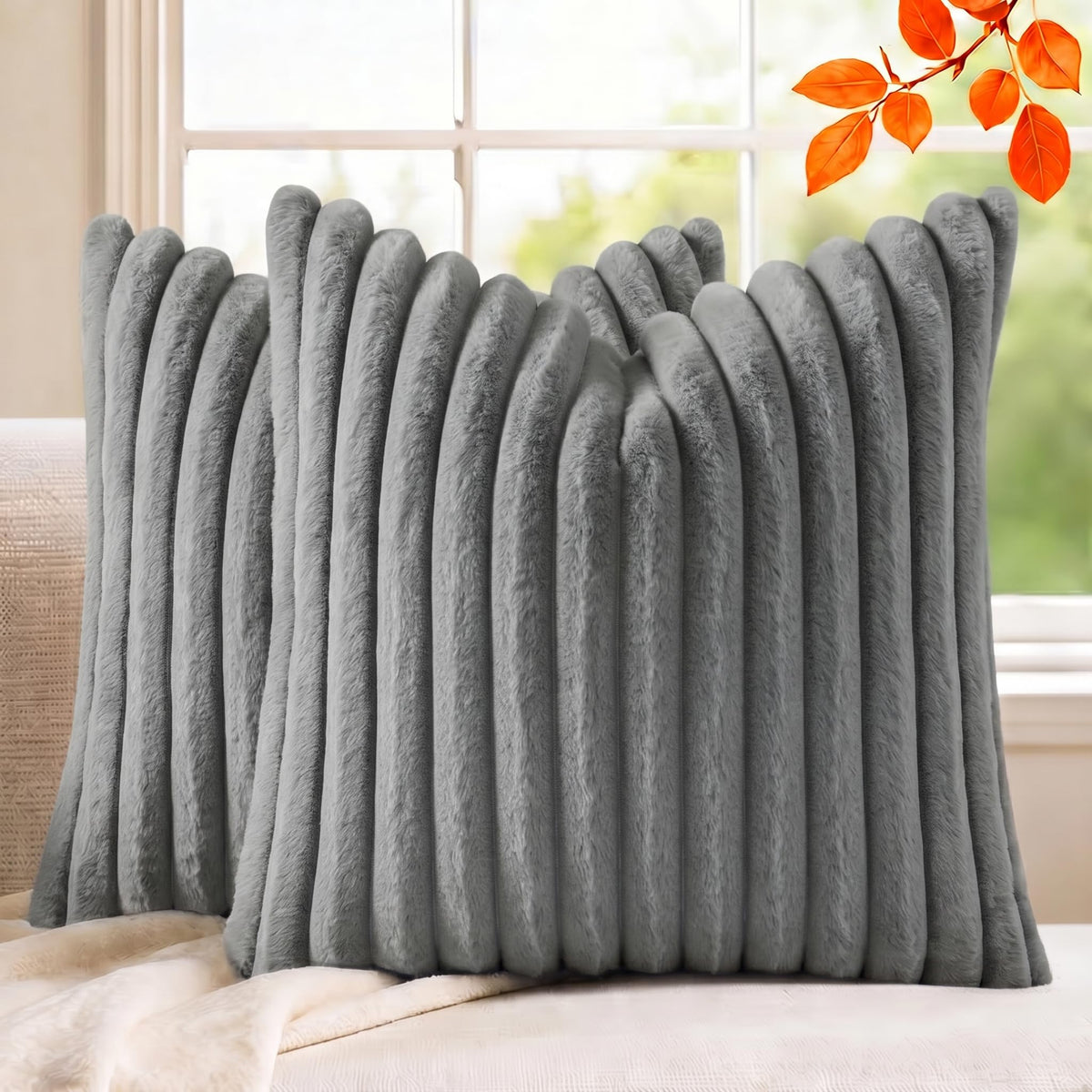 Pack of 2 Throw Pillow Covers 18x18 Decorative Solid Plush Faux Fur with Soft Velvet Back, Square Striped Cushion Cases Modern Farmhouse Home Decor for Living Room Couch Sofa Bed Cream White