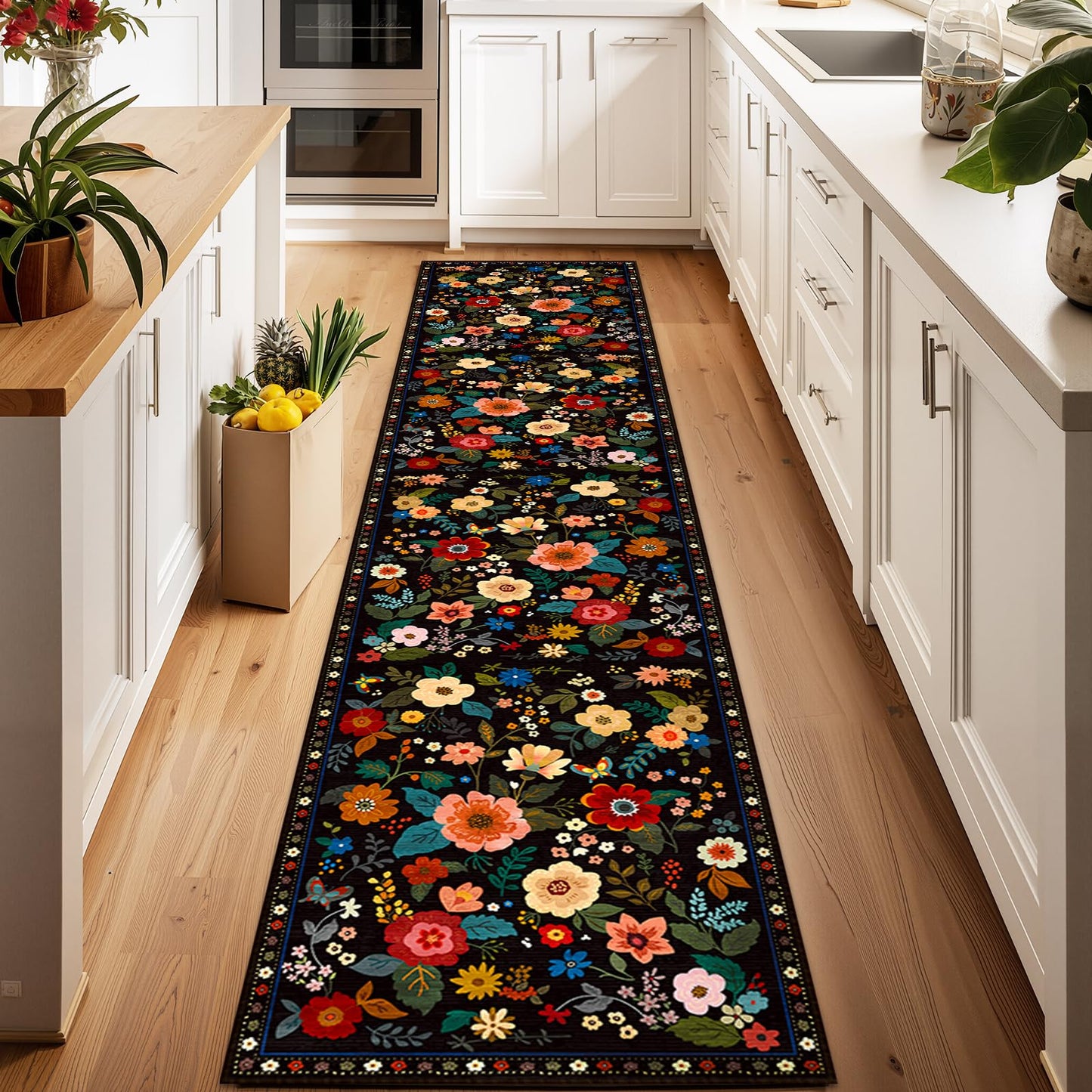 RELEANY Floral Washable 5x7 Area Rugs Beige/White/Orange | Flower Carpet, Print, Boho, Non-Slip, Easy to Clean, Soft, Low Pile for Living Room Bedroom Kitchen Office Entryway Hallway