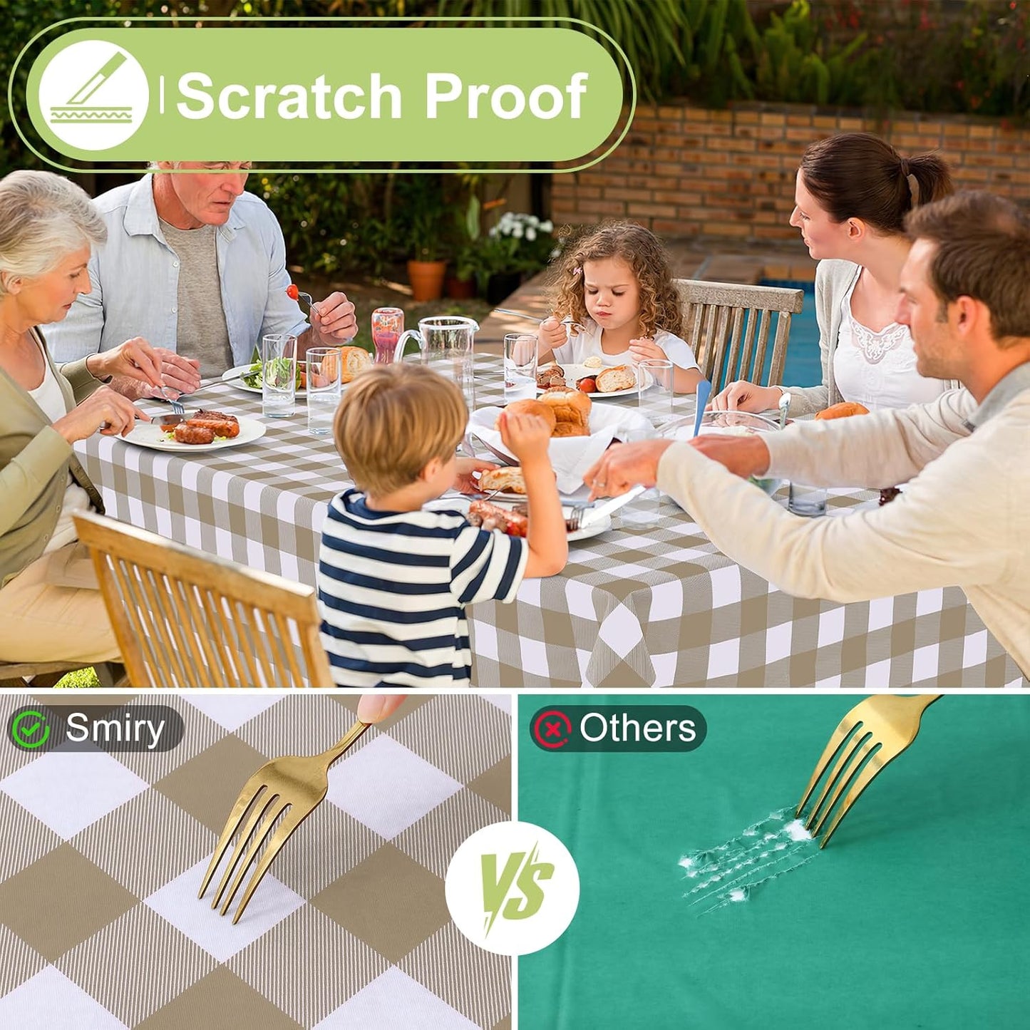 Smiry Picnic Table Cloth, Vinyl Tablecloths with Flannel Backing, 60"x84" | Waterproof Rectangle Table Cloth, Wipeable Buffalo Plaid Table Cover for Indoor and Outdoor (Khaki & White)