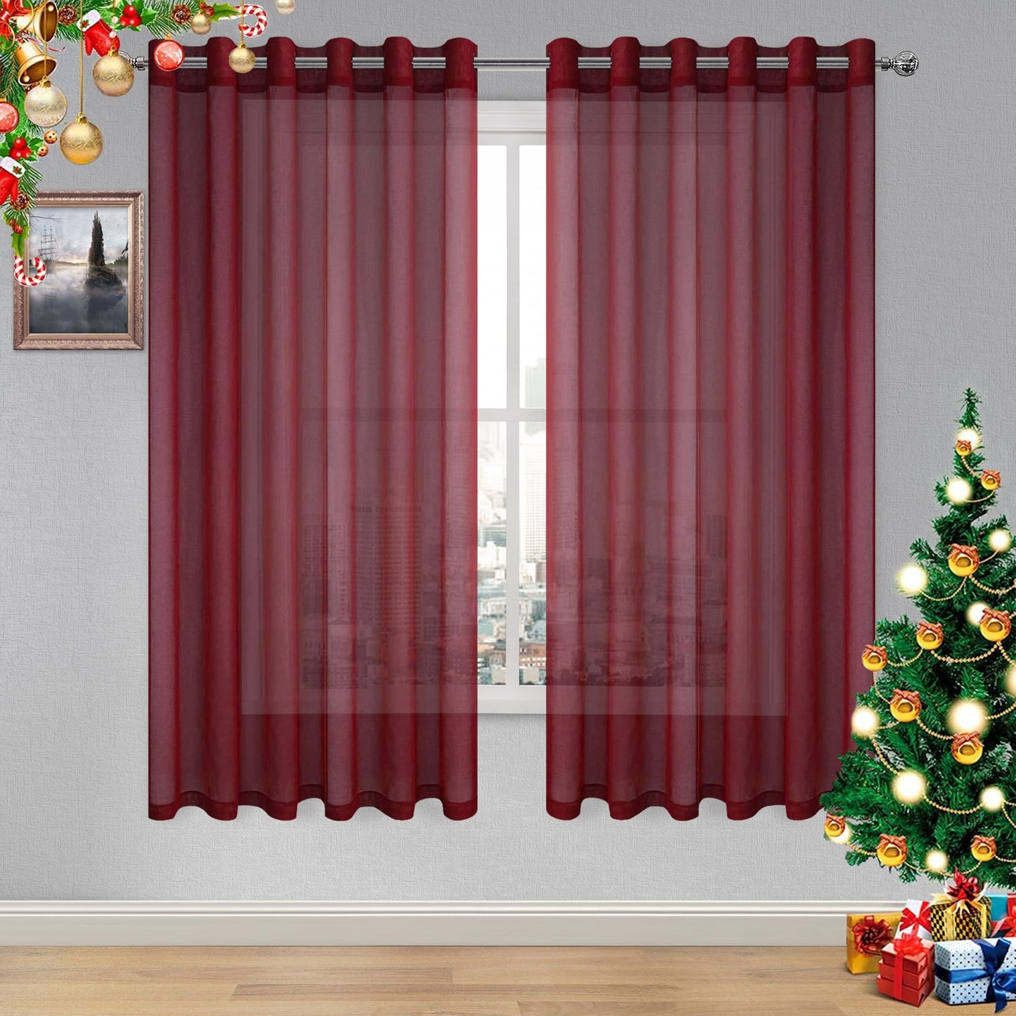 DWCN White Sheer Curtains Linen Look Semi Transparent Voile Grommet White Curtains for Living Dining Room Drapes 52 x 84 Inch Long, Set of 2 Panels