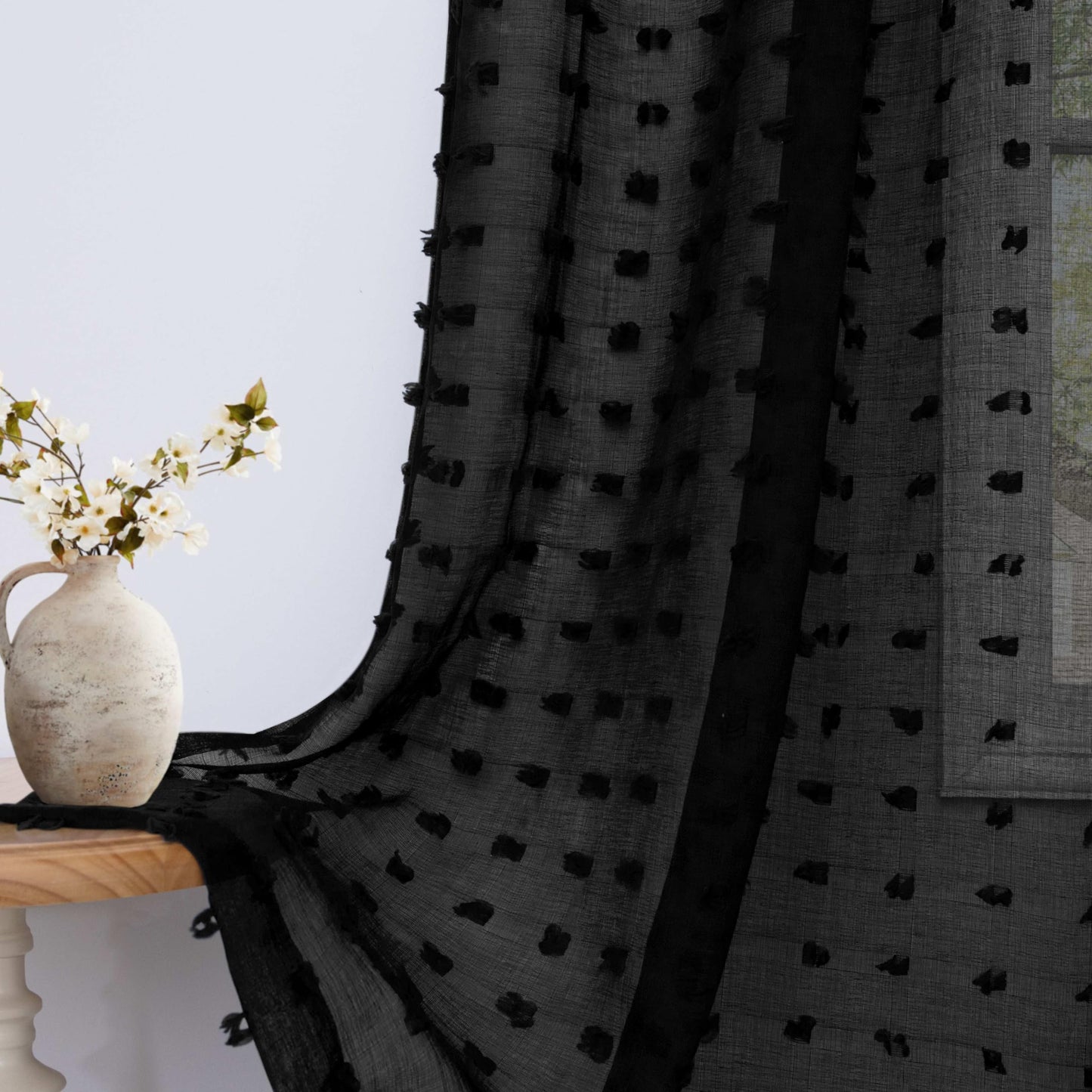 White Sheer Curtains 84 Inches Long for Living Room Bedroom Farmhouse White Pom Pom Curtains 2 Panels Back Tab Shabby Chic Boho Curtain Semi Sheer Nursery Kids Aesthetic Ruffle Drape 52x84 Length
