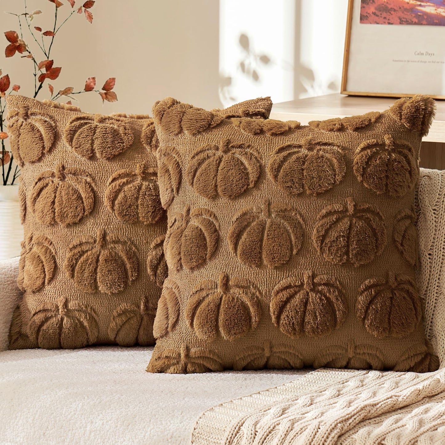 MIULEE Fall Pillow Covers Pumpkin Fall Decor 18x18 Dark Rust | Set of 2 Fall Decorations for Home, Plush Faux Fur Farmhouse Accent Pillowcases, Porch Sofa Couch Cushion Bed Livingroom