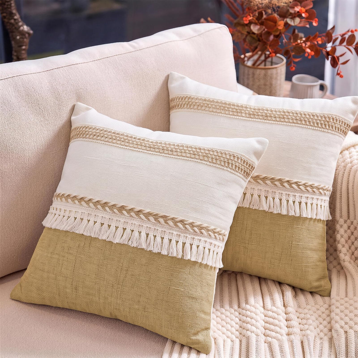 Boho Fringe Throw Pillow Covers 18x18 inch | Khaki and Cream Linen Cushion Covers,Stripe Hemp Lace Tassel Decorative, Neutral Farmhouse Pillow Covers for Couch Sofa