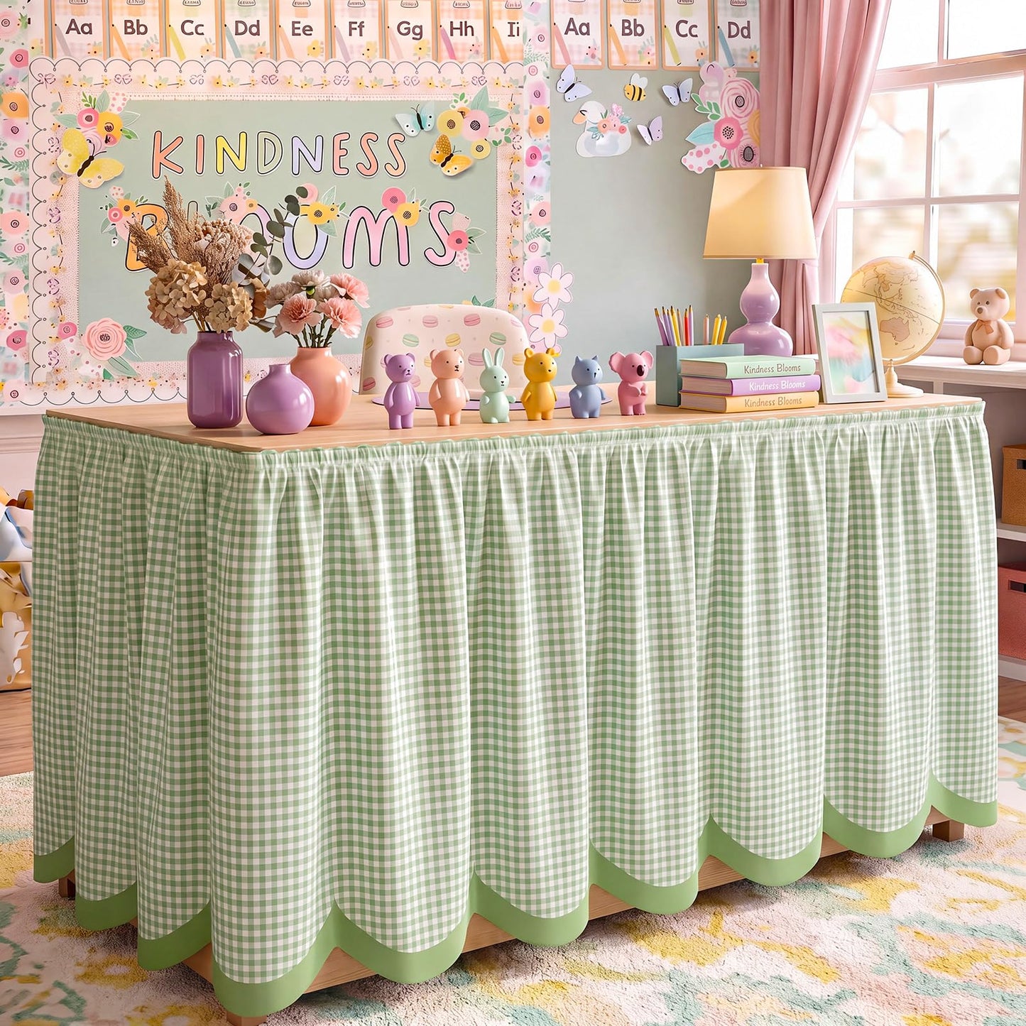 Teacher Desk Skirt 6 ft Pastel Checkered Classroom Decor | Ruffled Table Cover for Teacher Desk, Fits Kindergarten Office Decor, Back to School Classroom Supplies