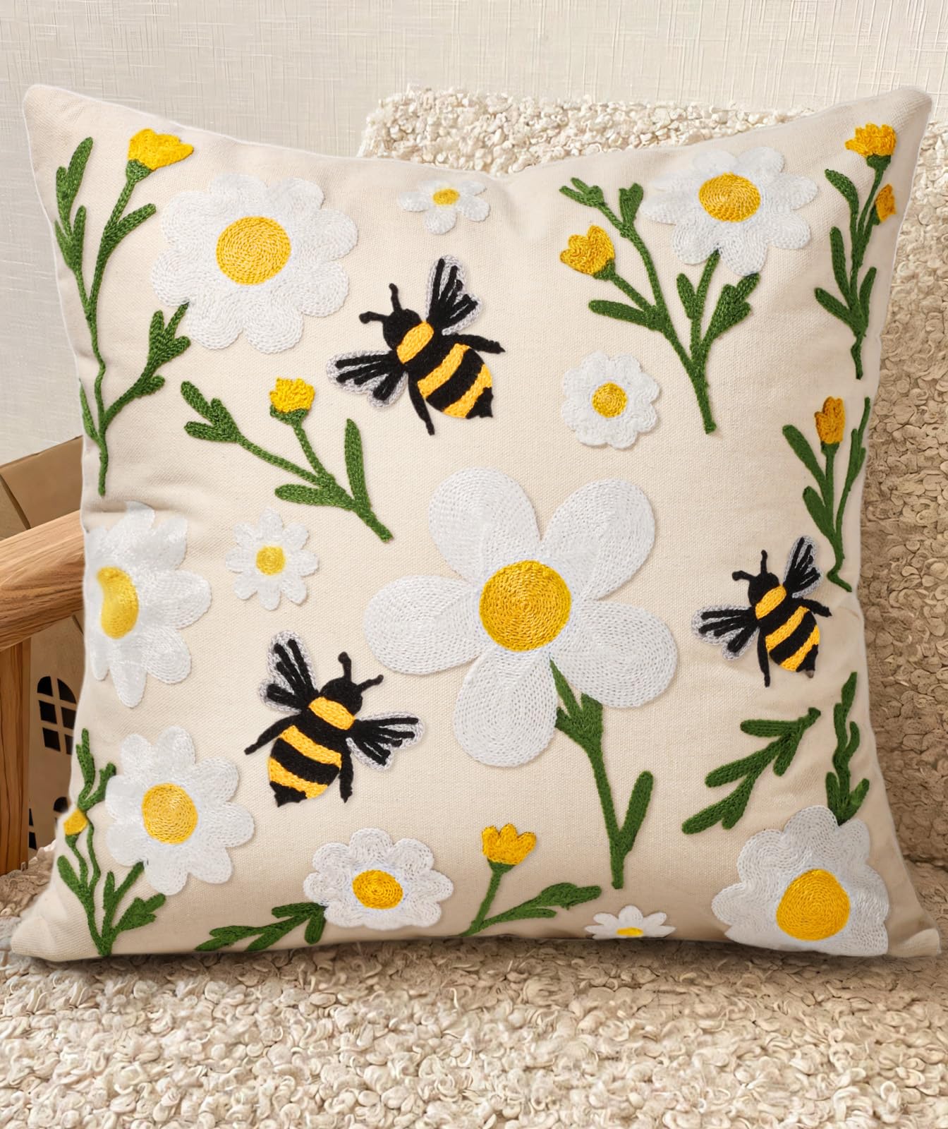 Embroidered Throw Pillow Cover 18x18 Inch, Flower Cluster | Decorative Pillow Cover, Floral Farmhouse Cushion Case with Hidden Zipper, Home Decor for Couch, Sofa, Living Room, Bedroom