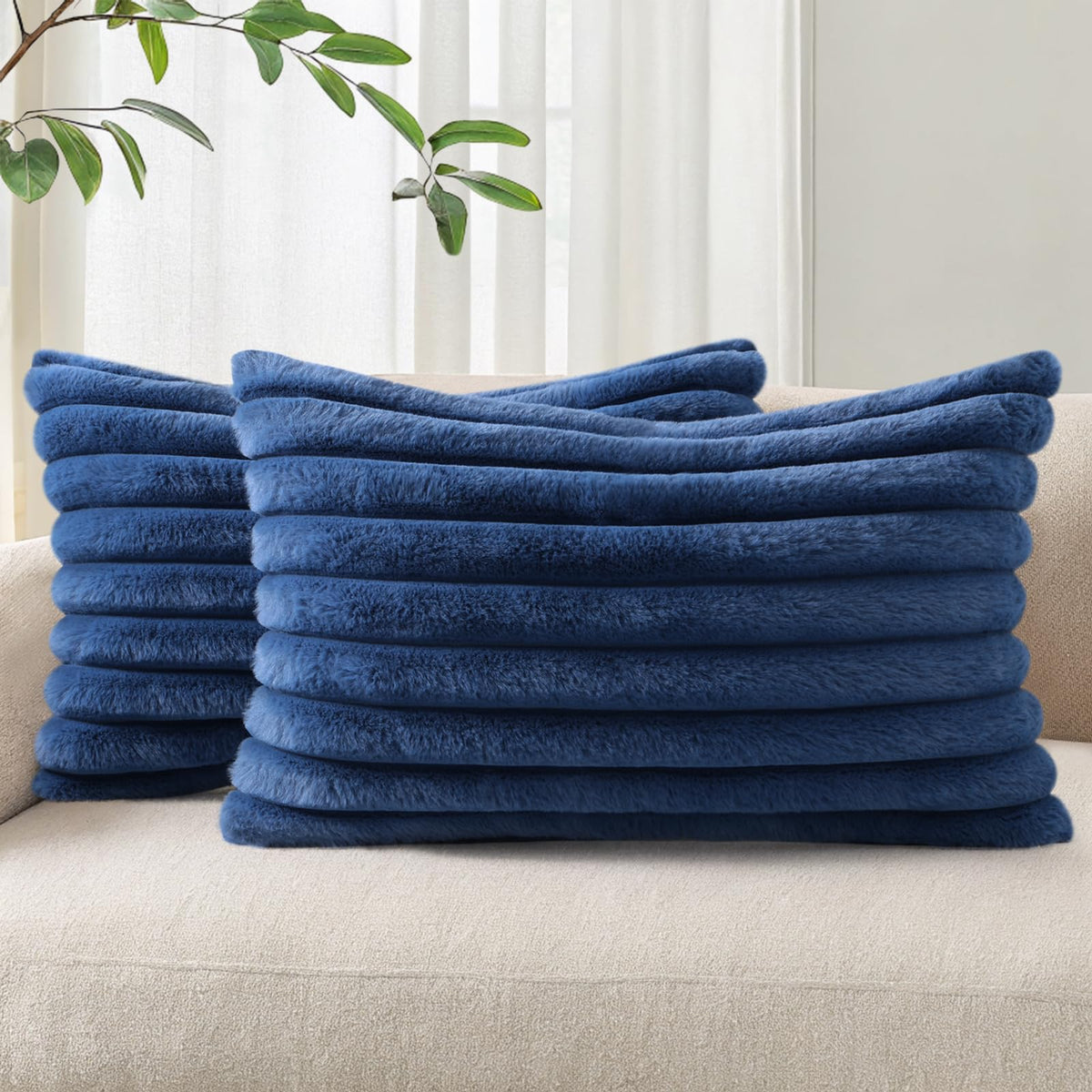 Pallene Faux Fur Decorative Throw Pillow Covers 18x18 Set of 2, Cream White | Luxury Plush Texture, Striped Design, Cozy Soft Touch, Modern Home Accent Decor for Couch, Sofa, Bed, Living Room