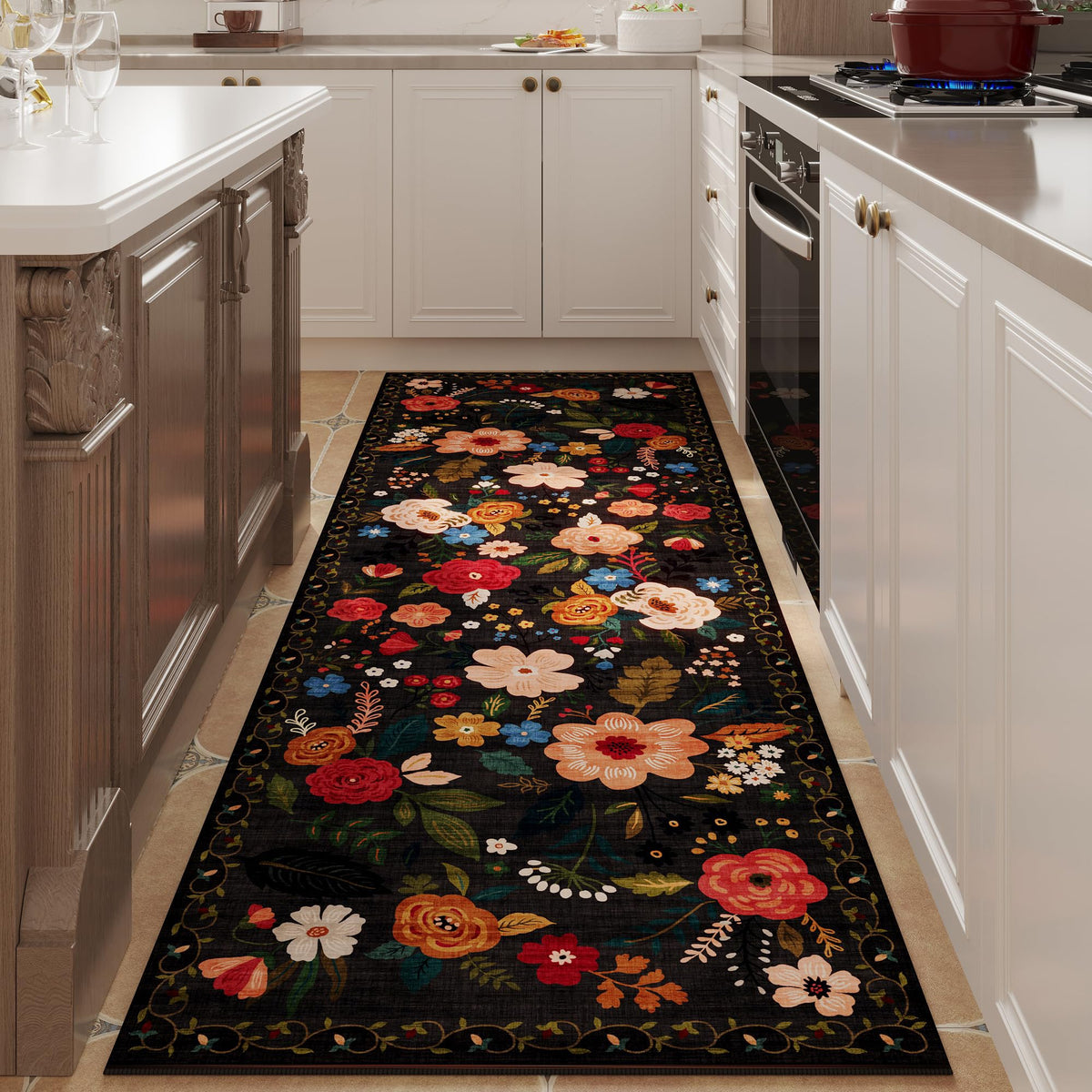 Rugcomf Living Room Rug 5x7 Rug Machine Washable Boho Area Rug Non Slip Floral Vintage Low Pile Large Rugs for Living Room, Bedroom, Farmhouse, Dining Room, Kids Playroom(Black)