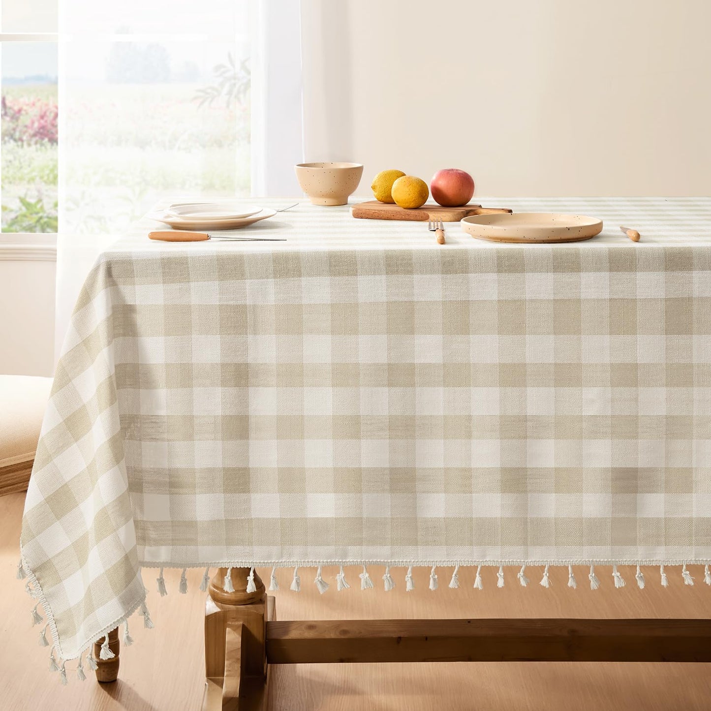Softalker Outdoor Checkered Tablecloth, Linen Cotton Gingham Table Cloths for 6 Foot Rectangle Tables with Tassel, Heavy Duty Wrinkle Free Plaid Table Cover for Picnic Camping - 55 x 84 Inch, Sage