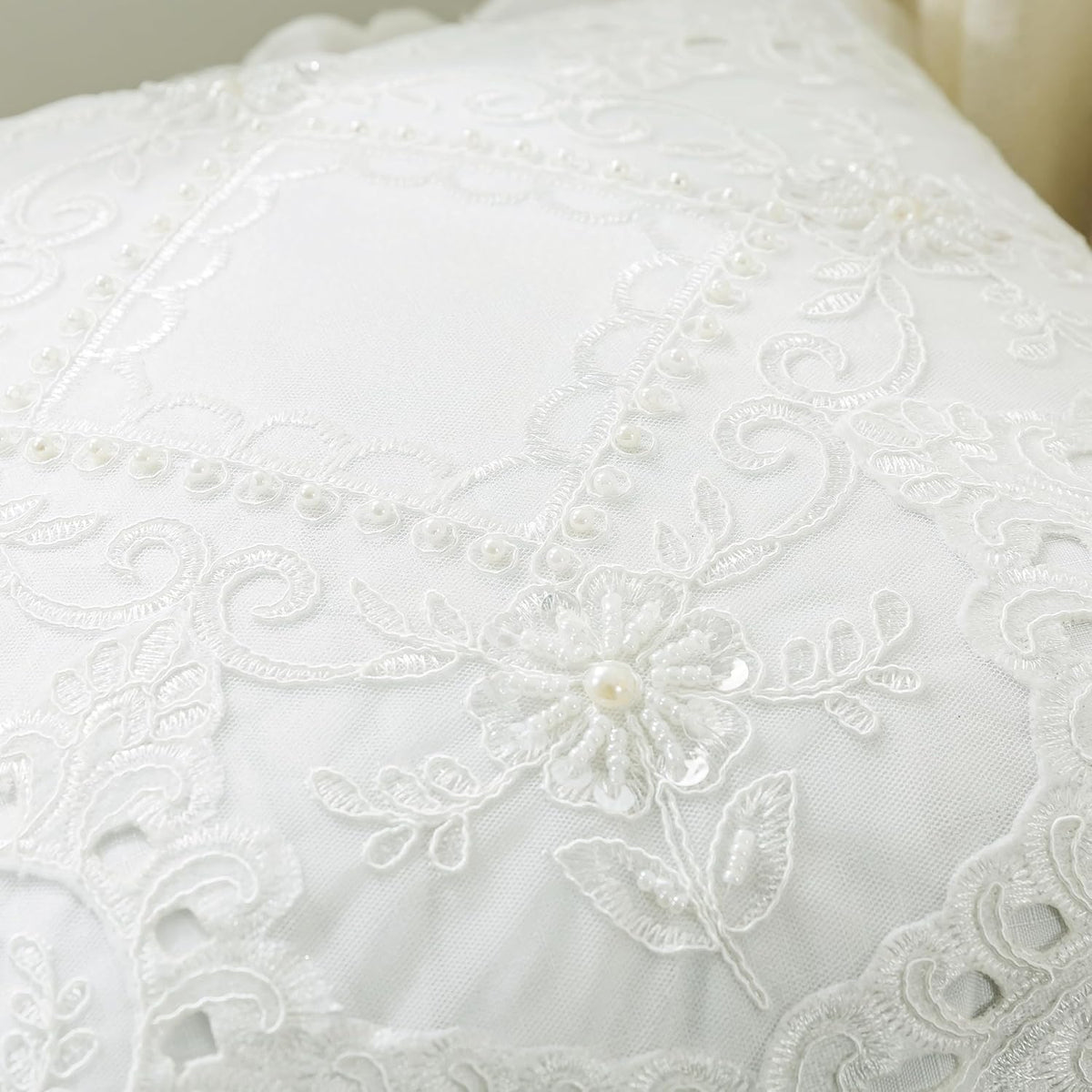 White Embroidery Throw Pillow Cover with Floral Hand Beaded 16"x16", 1 Pack | Handmade Cushion Cover, Wedding Pillowcases, Cotton Blending Silk