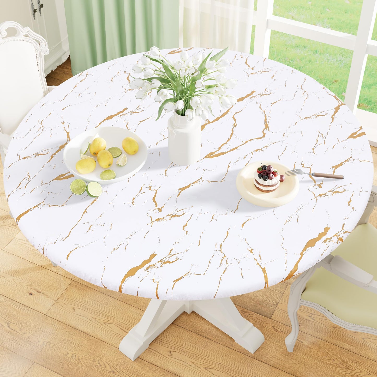 Round Fitted Tablecloth with Elastic Edge, 100% Waterproof Oil Proof Plastic Table Cover, Vinyl Flannel Backed Tablecloth Fits 36"-44" Round Tables for Dinner, Outdoor, Picnic, Oak Wooden Grain