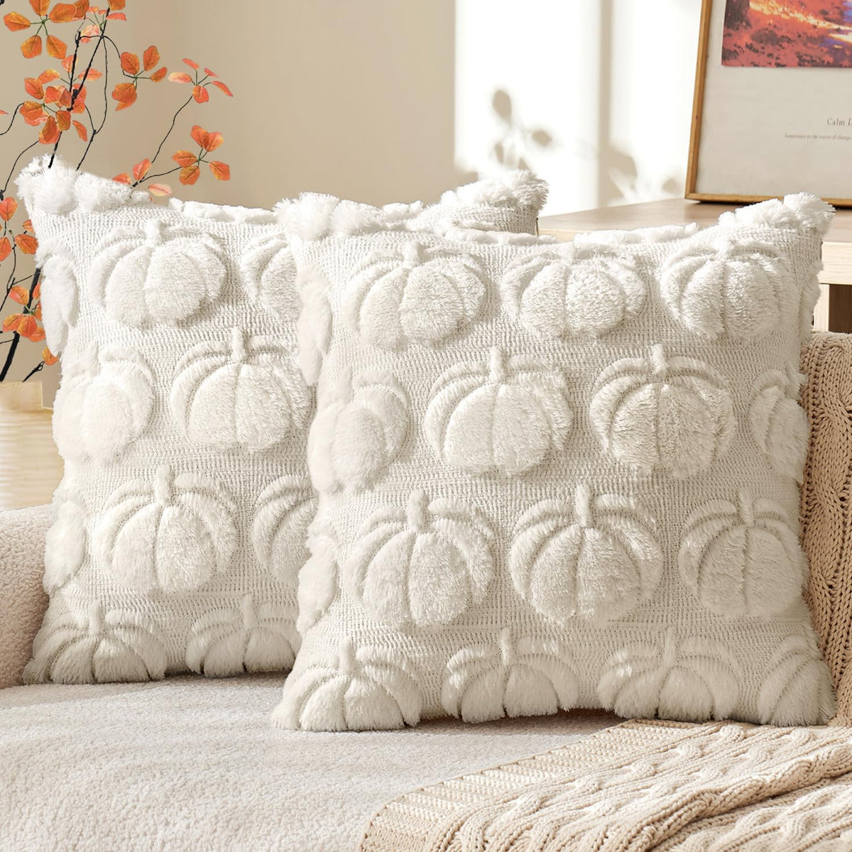 MIULEE Fall Pillow Covers Pumpkin Fall Decor 18x18 Dark Rust | Set of 2 Fall Decorations for Home, Plush Faux Fur Farmhouse Accent Pillowcases, Porch Sofa Couch Cushion Bed Livingroom
