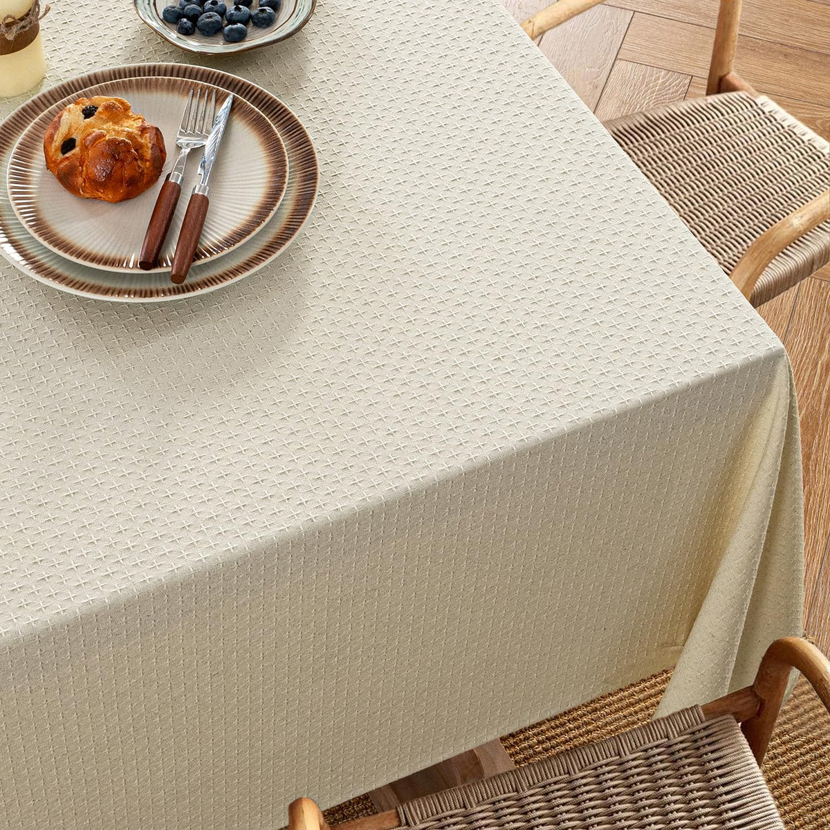MIULEE Natural Beige Linen Cotton Table Cloth Rectangle Tablecloth Spring Waterproof Spillproof Cross-Star Textured Table Cloth Decorative Farmhouse Style for Dining Party Weddings 52x70 Inch