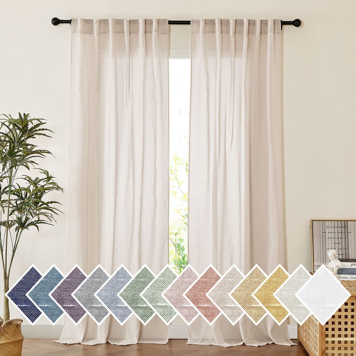 NICETOWN Semi Sheer White Curtains 84 inch Long, Rod Pocket & Back Tab Sheer Linen Curtains & Drapes Balance Privacy & Light Panels for Bedroom/Living Room, W52 x L84, 2 Panels