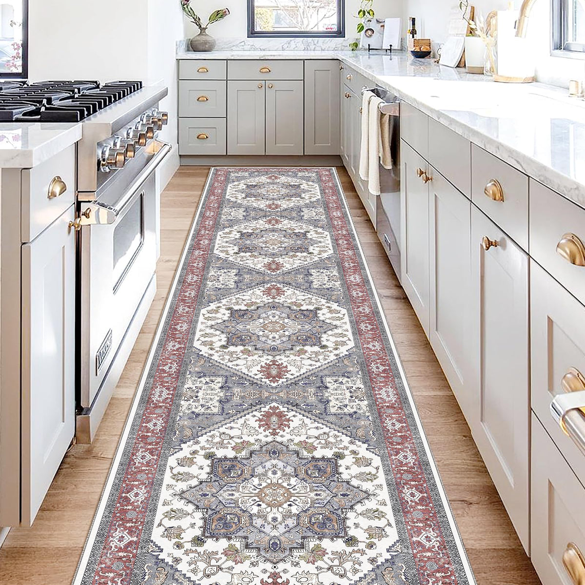 OPPODREAM Soft Area Rugs 5x7, Persian-Inspired Washable Rug, Blue & Gold | Low-Pile Faux Cashmere Surface, TPR Non-Slip Backing, 5 x 7 Carpet for Bedroom, Office, Dorm, Dining Room