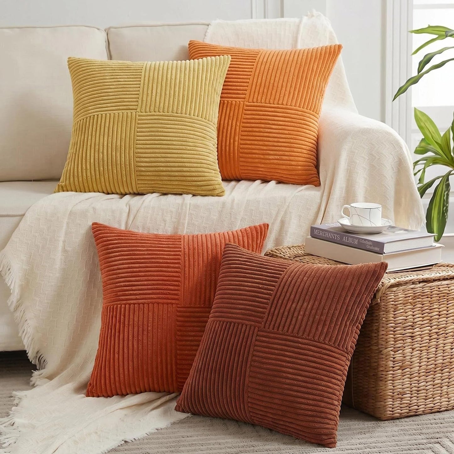 Fancy Homi 2 Packs Rust Boho Decorative Throw Pillow Covers 18x18 Inch for Couch Bed Sofa, Farmhouse Fall Home Decor, Soft Corss Corduroy Patchwork Textured Terracotta Accent Cushion Case 45x45 cm
