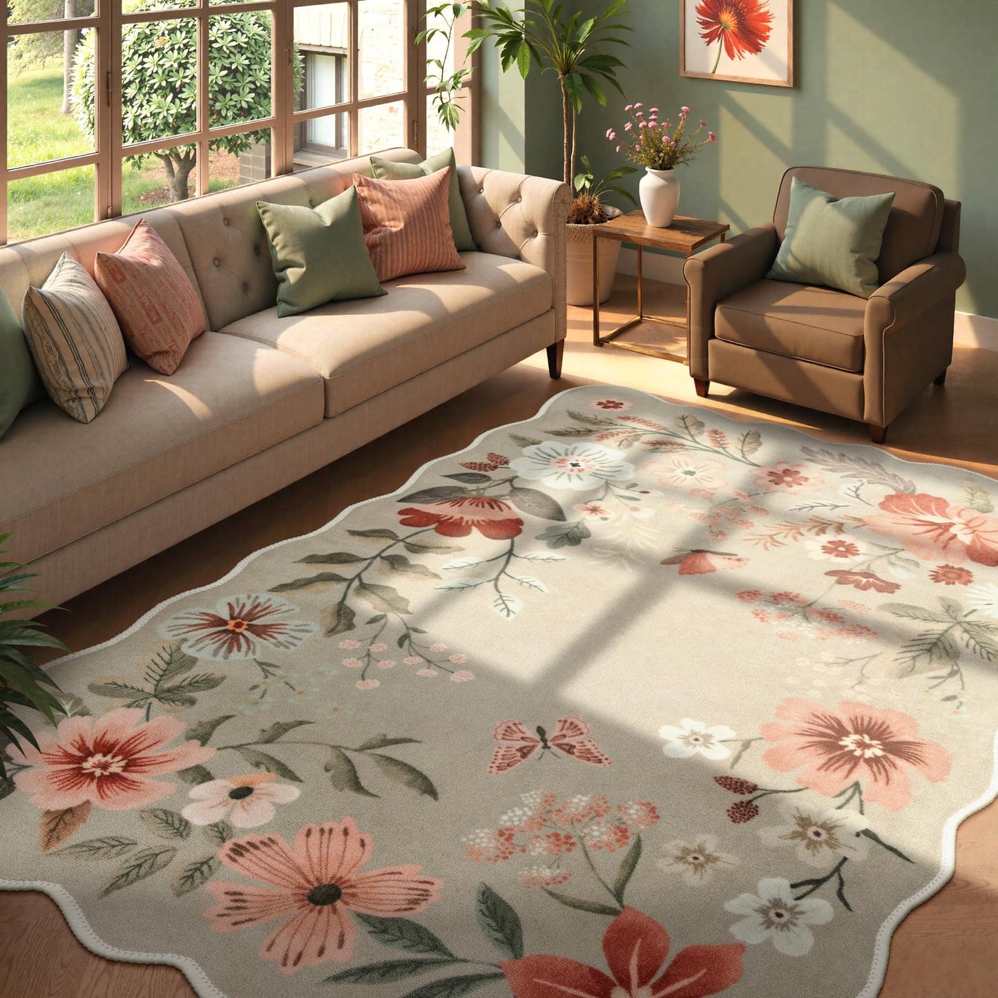 Lahome Floral Washable Living Room Rug, 5x7 Area Rugs for Bedroom Soft | Dining Room Rug Ultra-Thin Non Slip Stain Resistant Boho Low-Pile Throw Carpet for Office Flore (5x7ft, Beige)